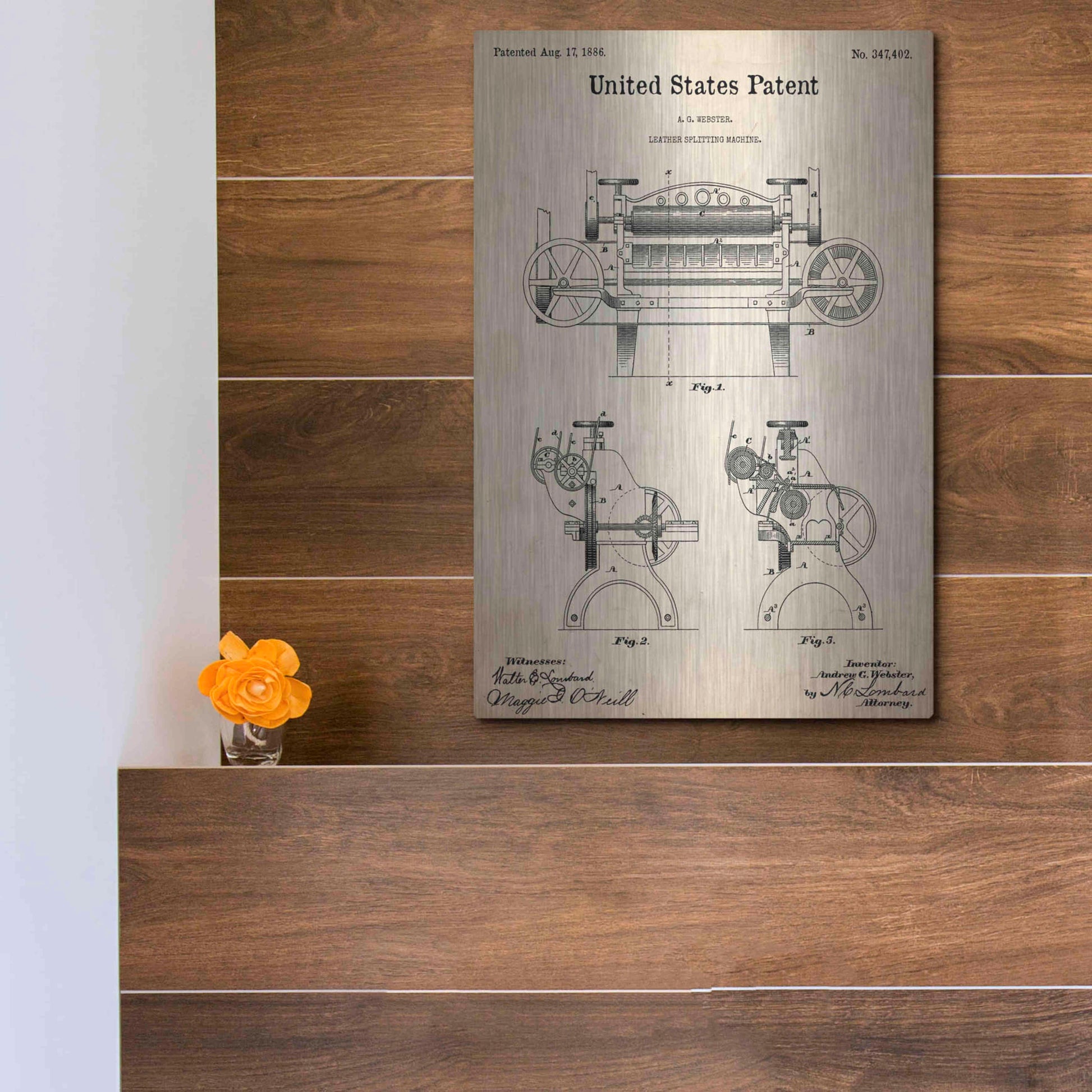 Luxe Metal Art 'Leather Splitting Machine Blueprint Patent Parchment,' Metal Wall Art,12x16