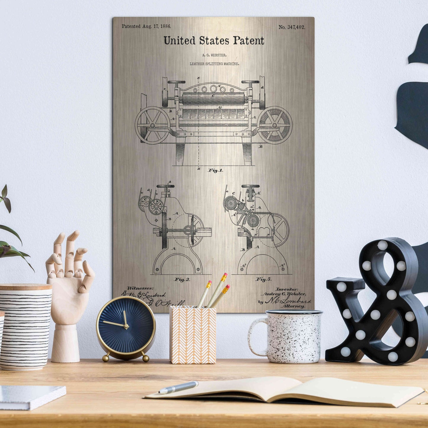 Luxe Metal Art 'Leather Splitting Machine Blueprint Patent Parchment,' Metal Wall Art,12x16