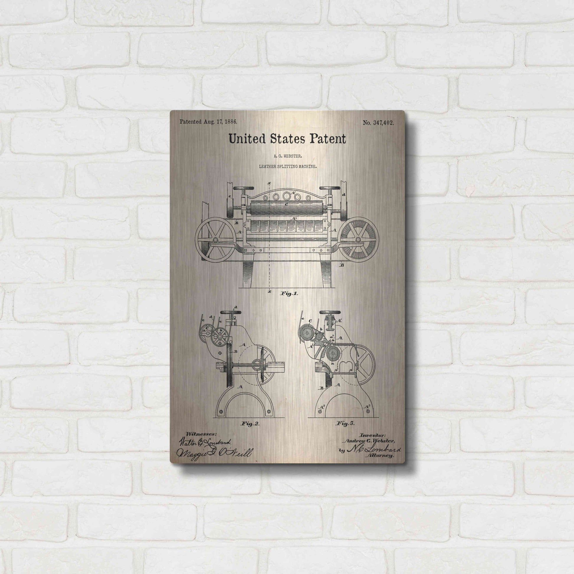 Luxe Metal Art 'Leather Splitting Machine Blueprint Patent Parchment,' Metal Wall Art,16x24