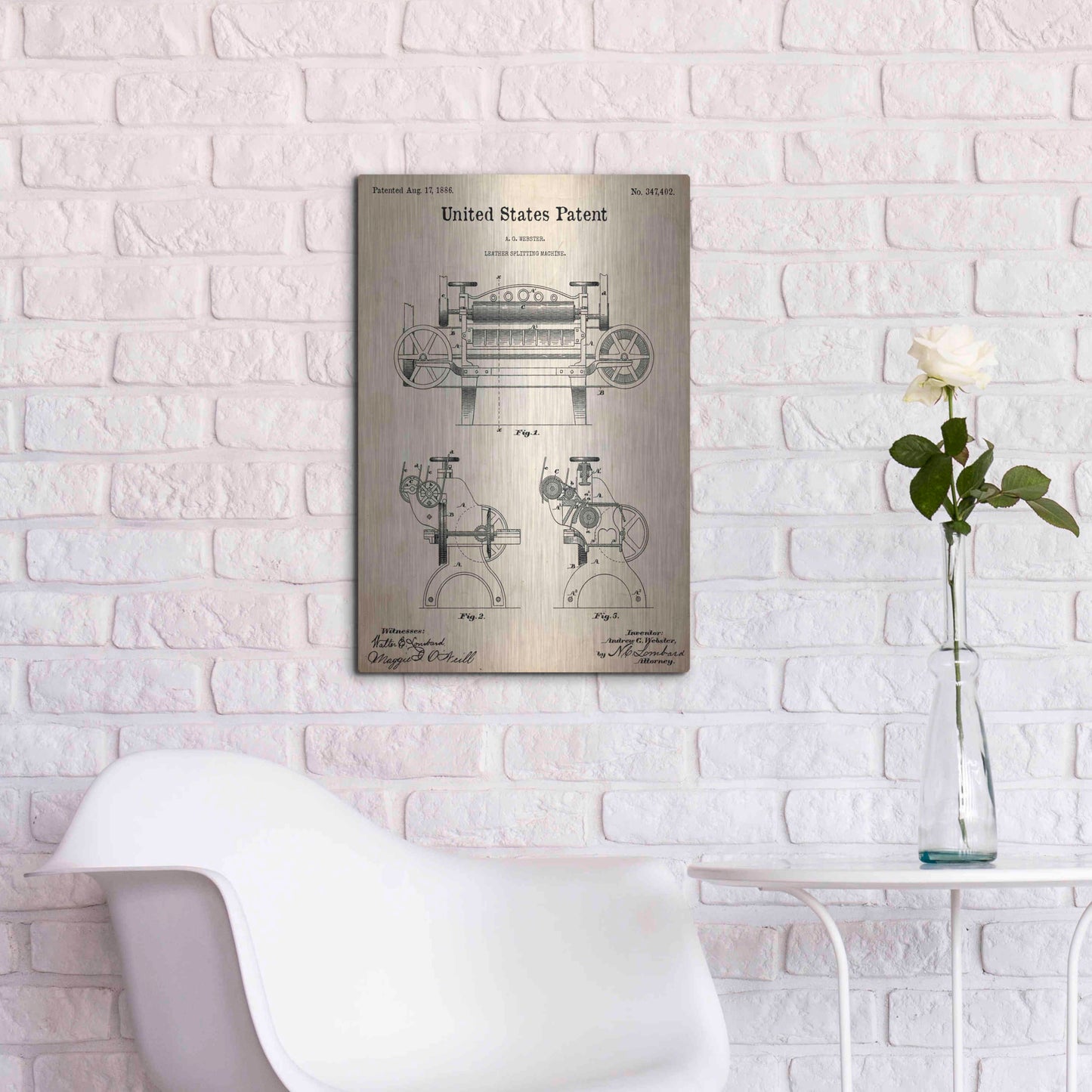 Luxe Metal Art 'Leather Splitting Machine Blueprint Patent Parchment,' Metal Wall Art,16x24