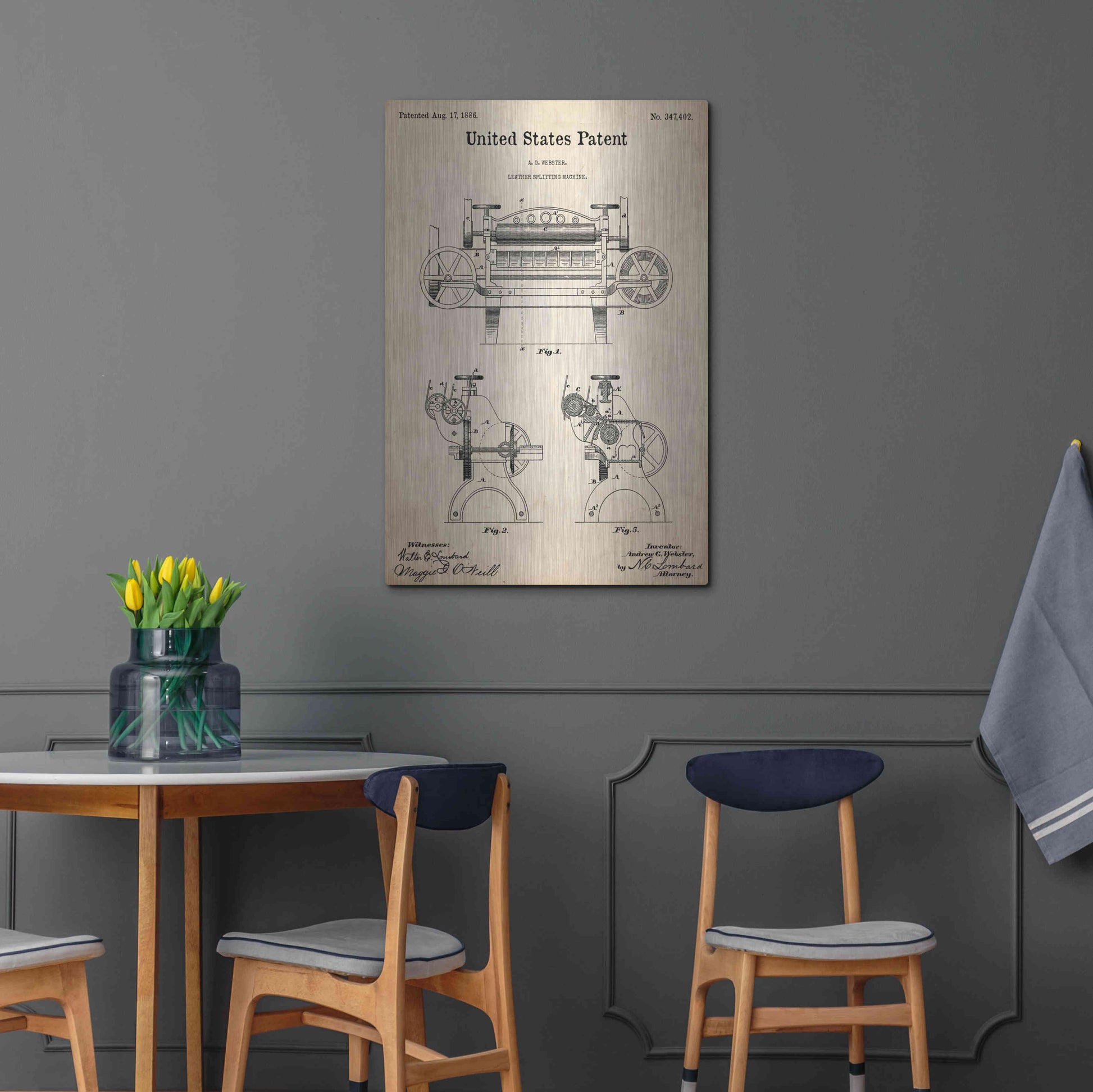 Luxe Metal Art 'Leather Splitting Machine Blueprint Patent Parchment,' Metal Wall Art,24x36