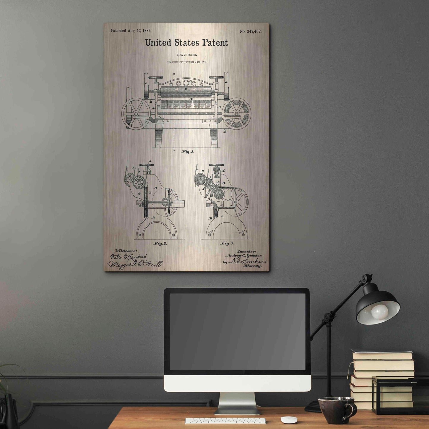 Luxe Metal Art 'Leather Splitting Machine Blueprint Patent Parchment,' Metal Wall Art,24x36