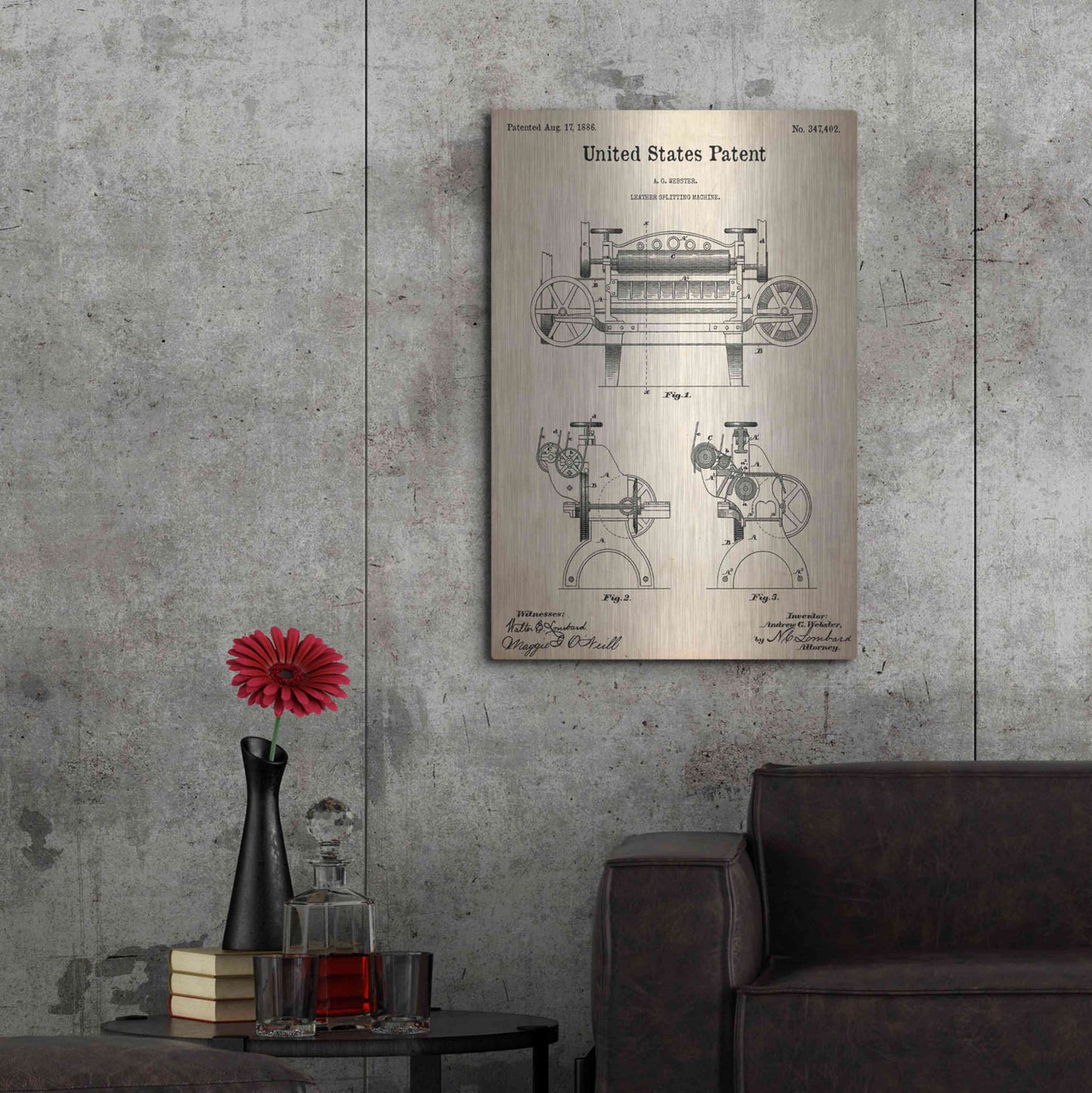 Luxe Metal Art 'Leather Splitting Machine Blueprint Patent Parchment,' Metal Wall Art,24x36