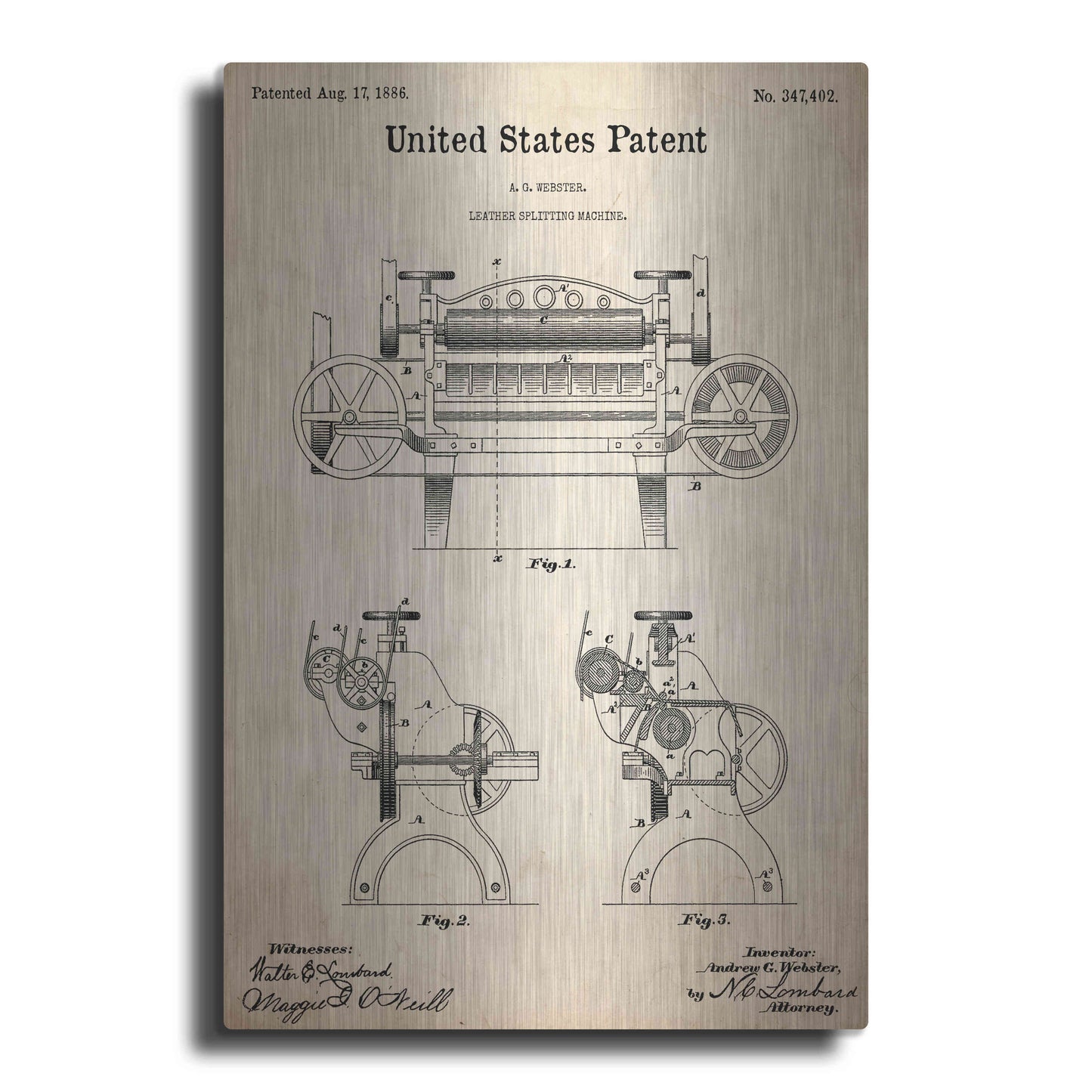 Luxe Metal Art 'Leather Splitting Machine Blueprint Patent Parchment,' Metal Wall Art