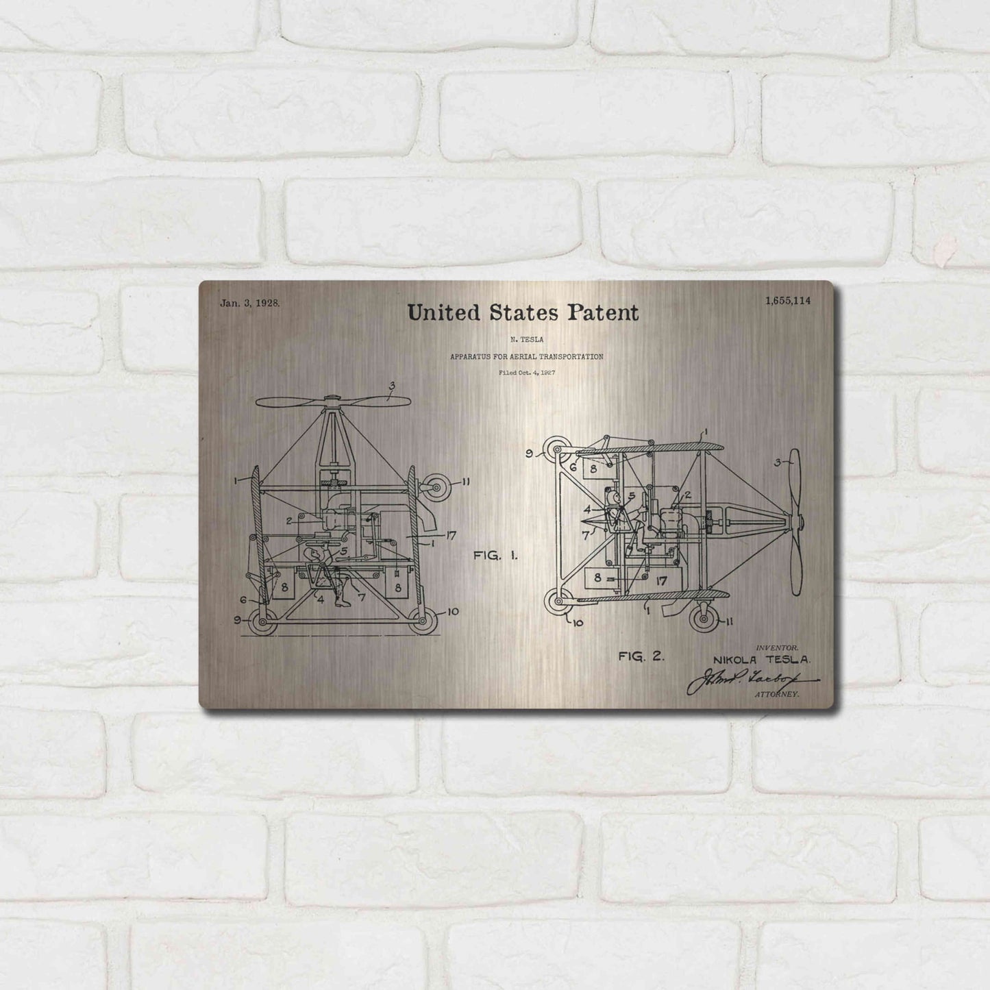 Luxe Metal Art 'Tesla Aerial Apparatus Blueprint Patent Parchment,' Metal Wall Art,16x12
