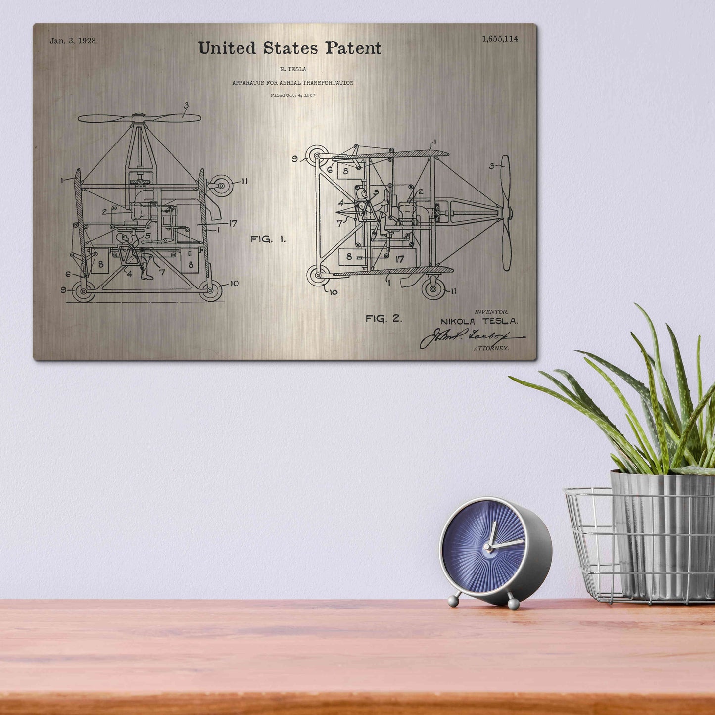 Luxe Metal Art 'Tesla Aerial Apparatus Blueprint Patent Parchment,' Metal Wall Art,16x12