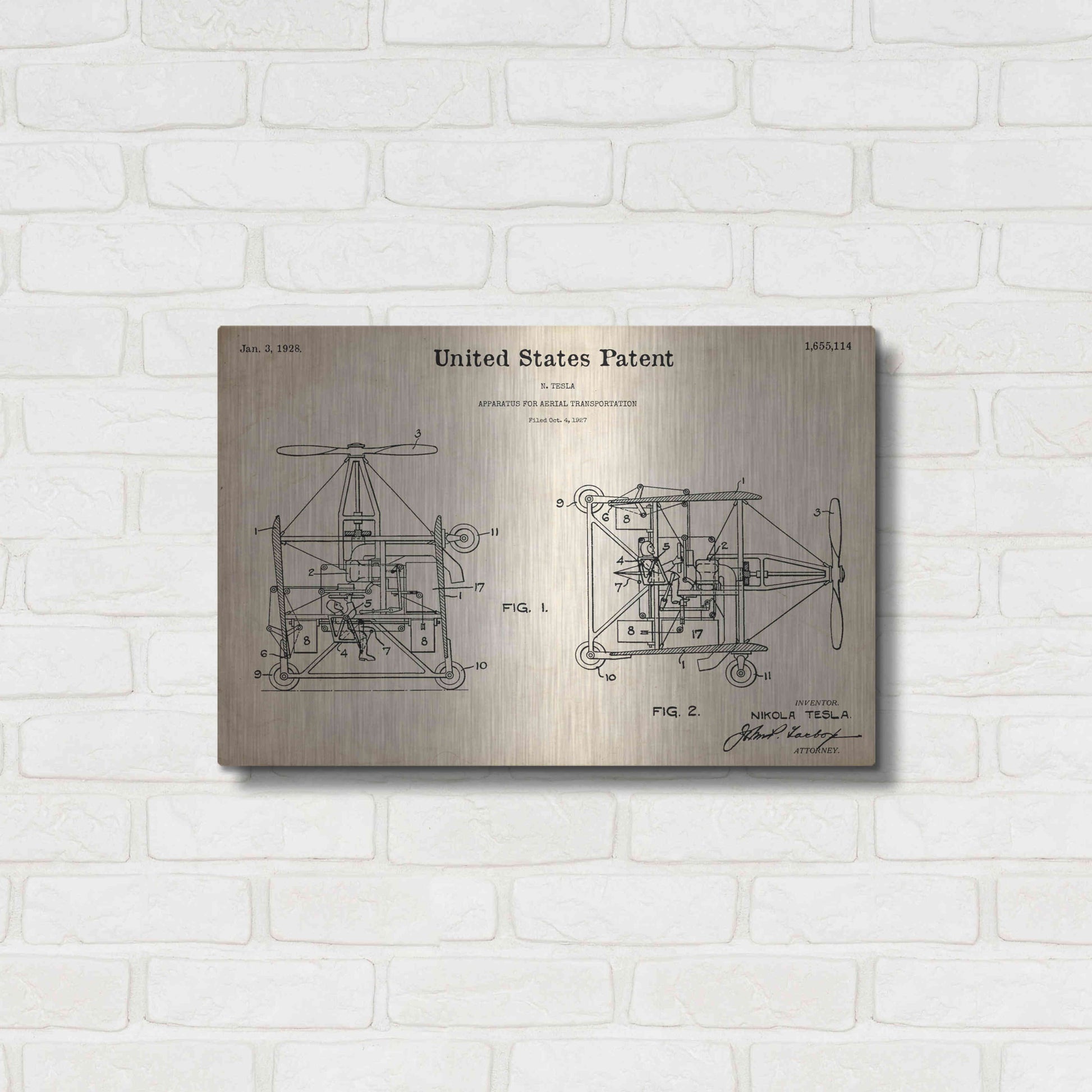 Luxe Metal Art 'Tesla Aerial Apparatus Blueprint Patent Parchment,' Metal Wall Art,24x16