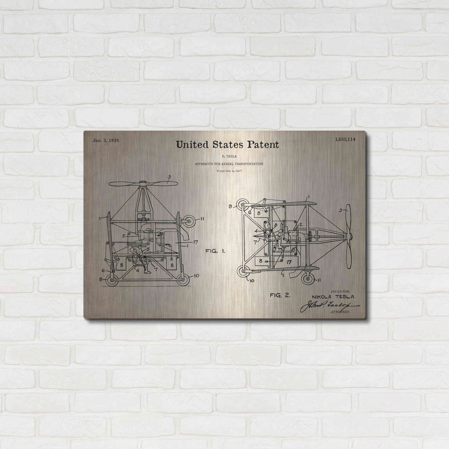 Luxe Metal Art 'Tesla Aerial Apparatus Blueprint Patent Parchment,' Metal Wall Art,36x24
