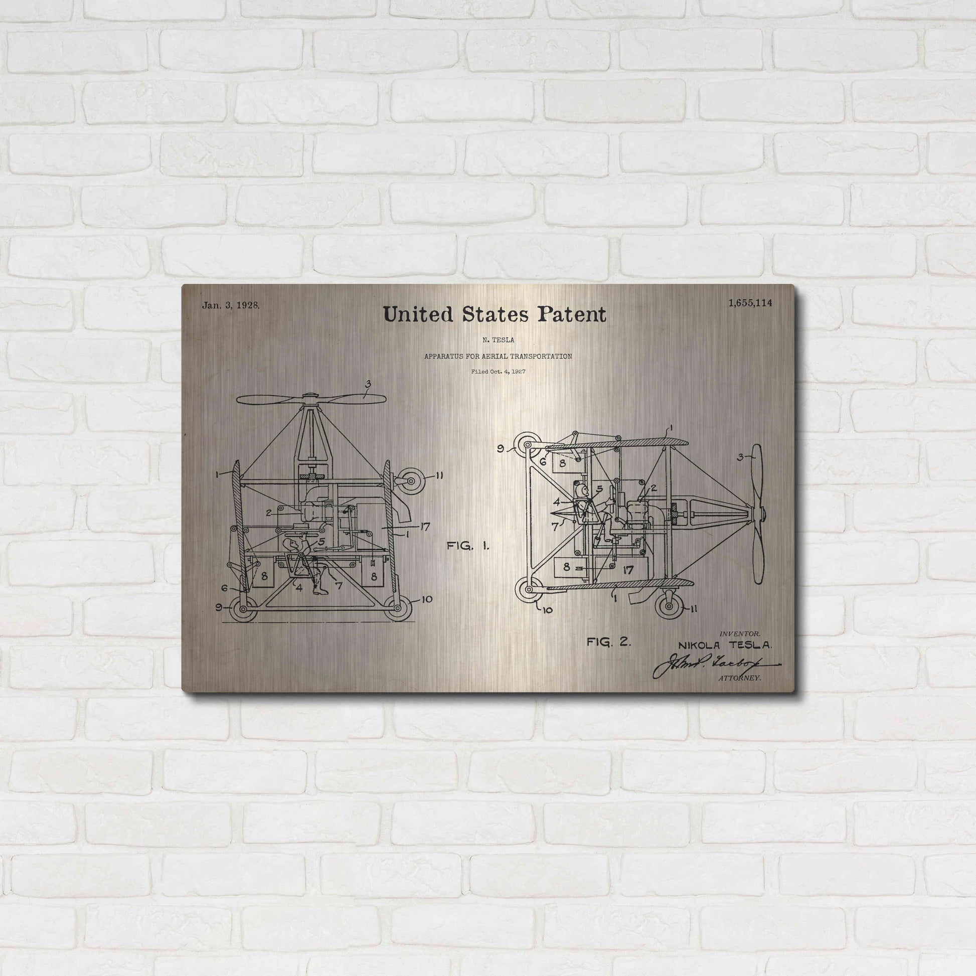 Luxe Metal Art 'Tesla Aerial Apparatus Blueprint Patent Parchment,' Metal Wall Art,36x24