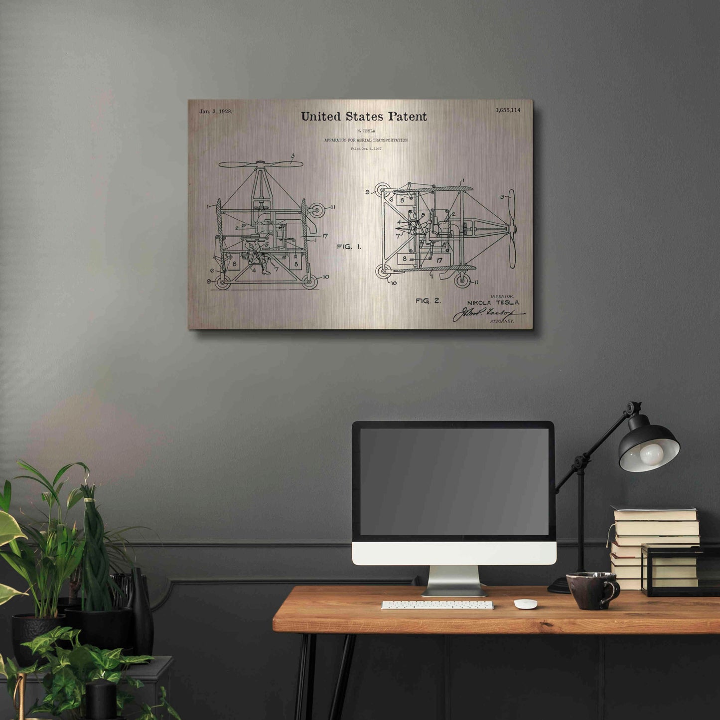 Luxe Metal Art 'Tesla Aerial Apparatus Blueprint Patent Parchment,' Metal Wall Art,36x24