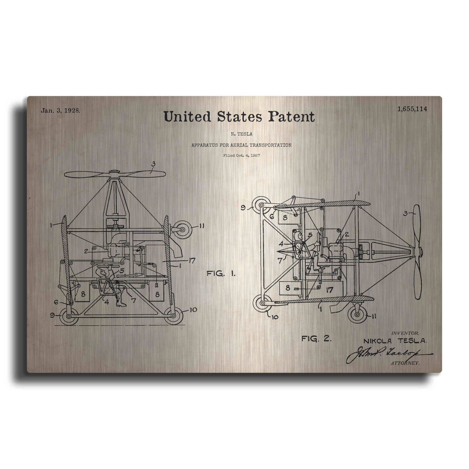 Luxe Metal Art 'Tesla Aerial Apparatus Blueprint Patent Parchment,' Metal Wall Art