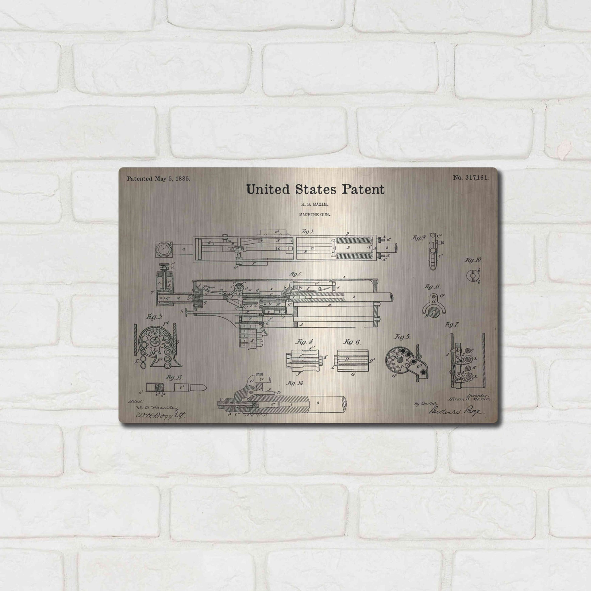 Luxe Metal Art 'Machine Gun Blueprint Patent Parchment,' Metal Wall Art,16x12