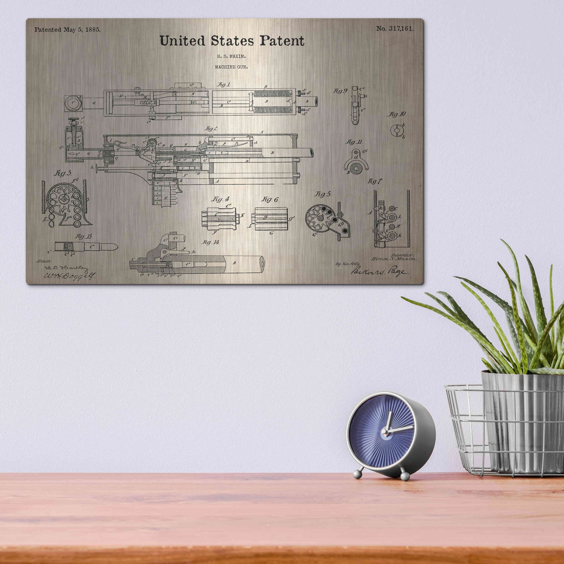 Luxe Metal Art 'Machine Gun Blueprint Patent Parchment,' Metal Wall Art,16x12