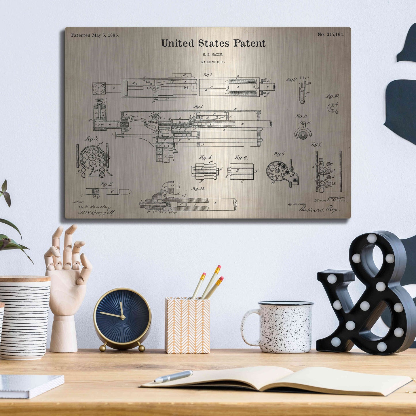 Luxe Metal Art 'Machine Gun Blueprint Patent Parchment,' Metal Wall Art,16x12