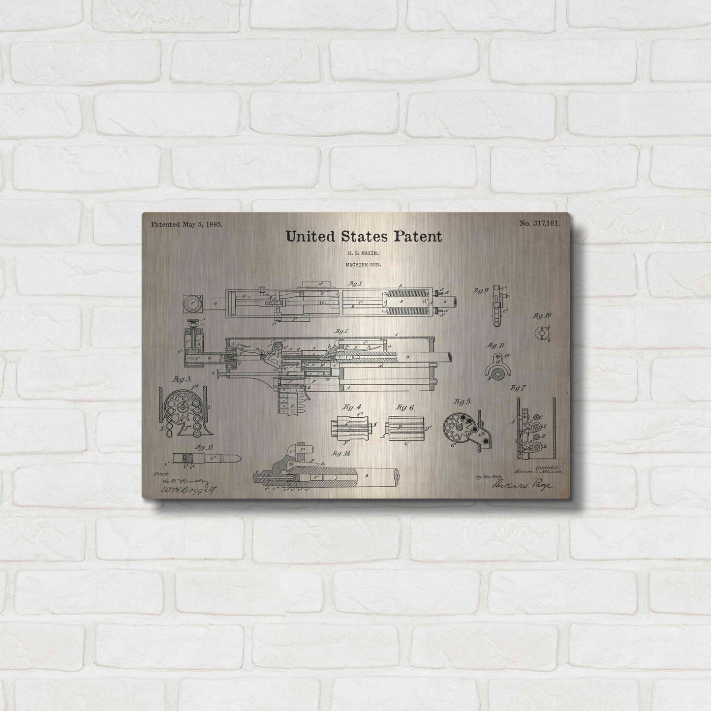 Luxe Metal Art 'Machine Gun Blueprint Patent Parchment,' Metal Wall Art,24x16