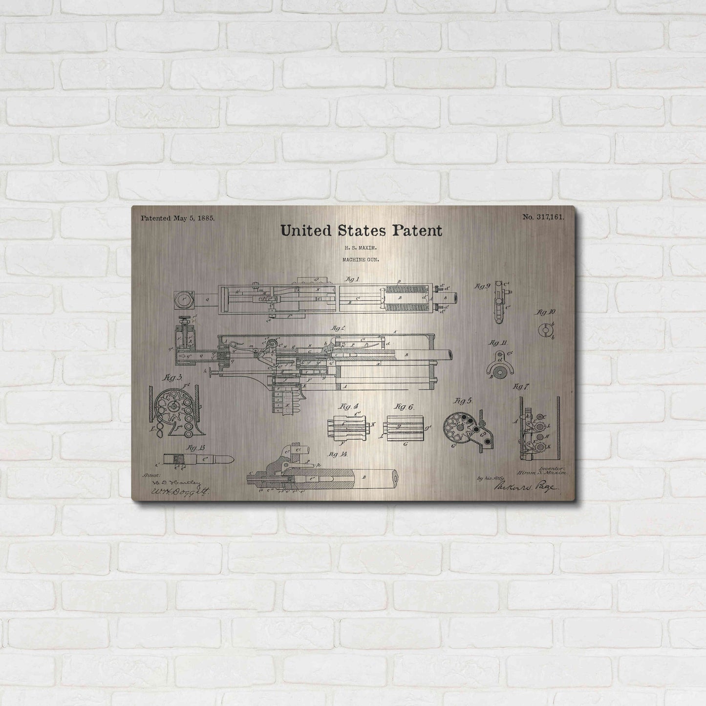 Luxe Metal Art 'Machine Gun Blueprint Patent Parchment,' Metal Wall Art,36x24