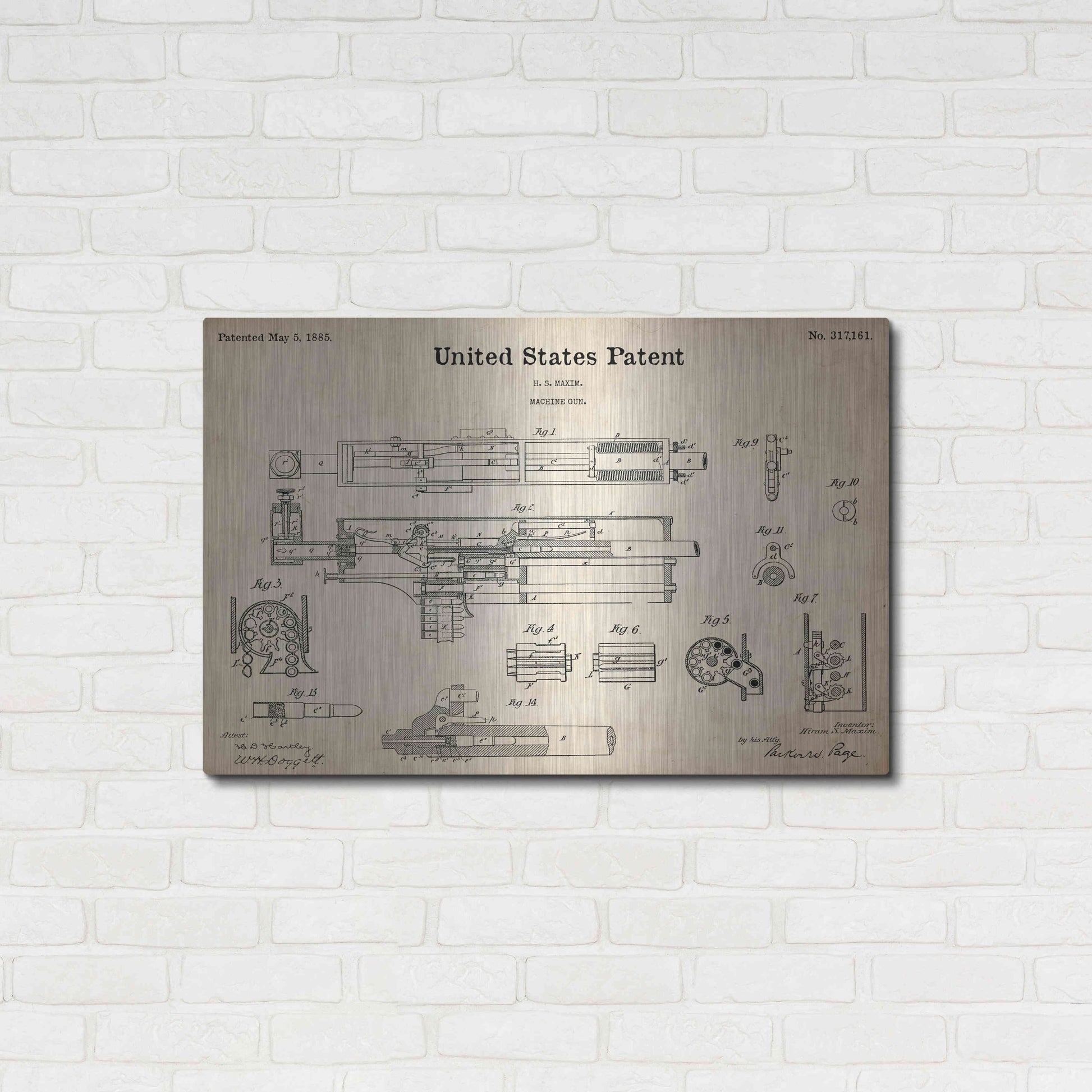 Luxe Metal Art 'Machine Gun Blueprint Patent Parchment,' Metal Wall Art,36x24