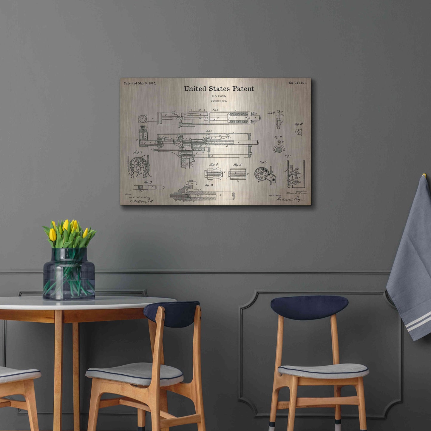 Luxe Metal Art 'Machine Gun Blueprint Patent Parchment,' Metal Wall Art,36x24