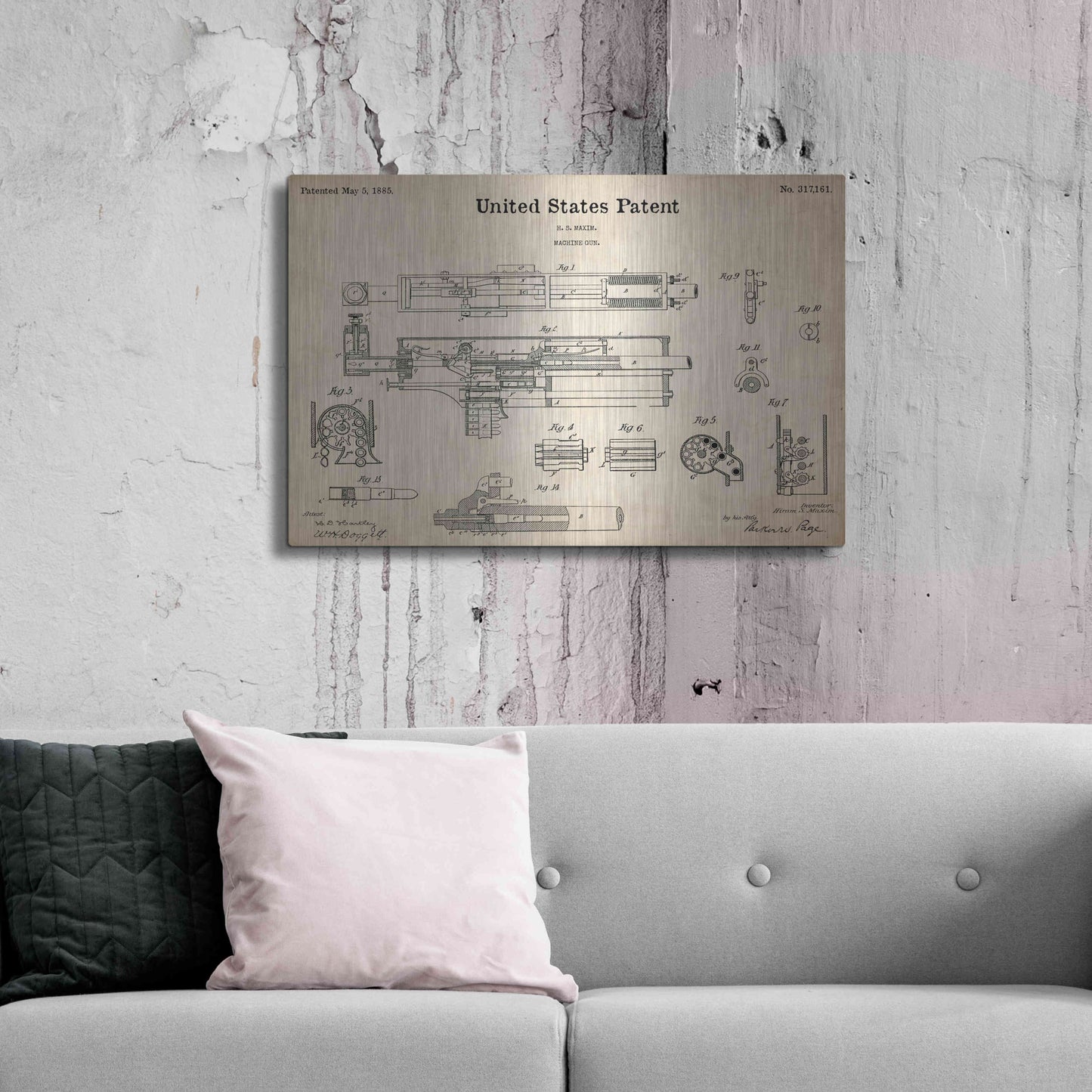 Luxe Metal Art 'Machine Gun Blueprint Patent Parchment,' Metal Wall Art,36x24