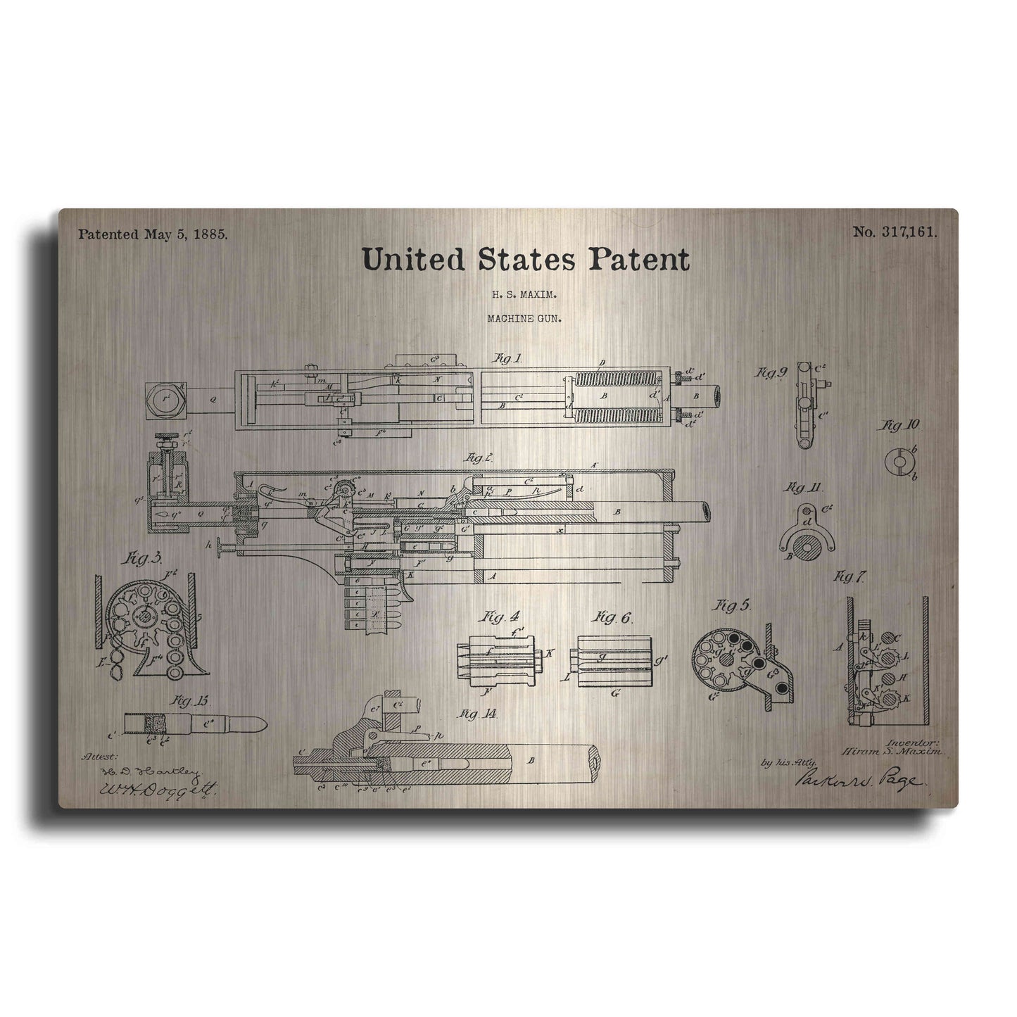 Luxe Metal Art 'Machine Gun Blueprint Patent Parchment,' Metal Wall Art