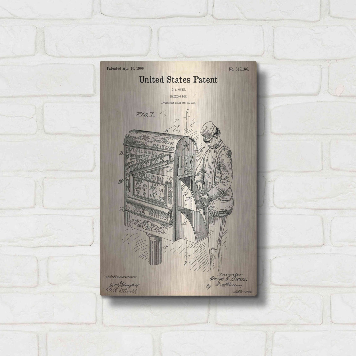 Luxe Metal Art 'Mailbox Blueprint Patent Parchment,' Metal Wall Art,12x16