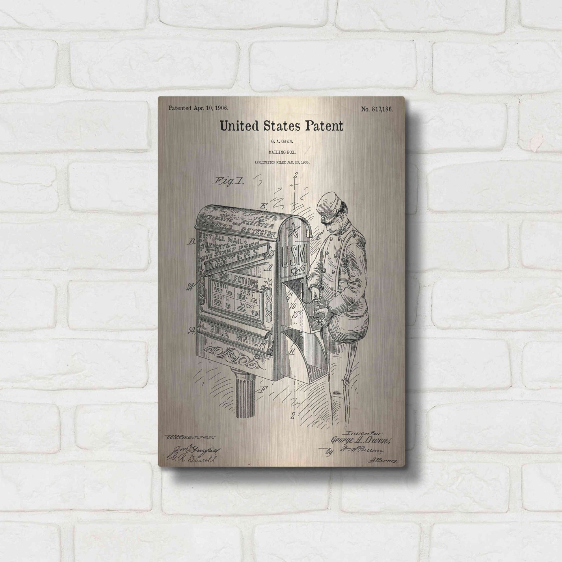 Luxe Metal Art 'Mailbox Blueprint Patent Parchment,' Metal Wall Art,12x16