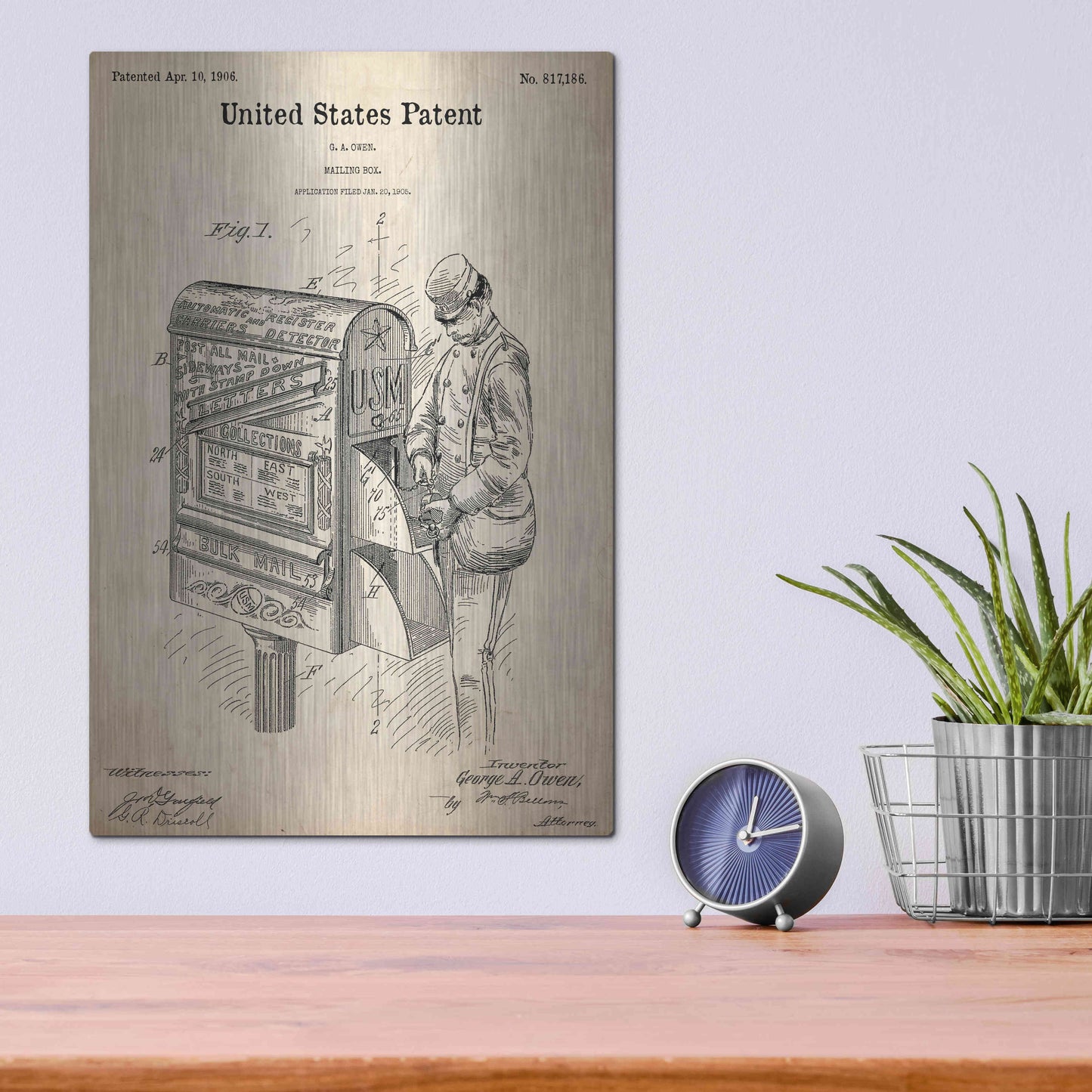 Luxe Metal Art 'Mailbox Blueprint Patent Parchment,' Metal Wall Art,12x16