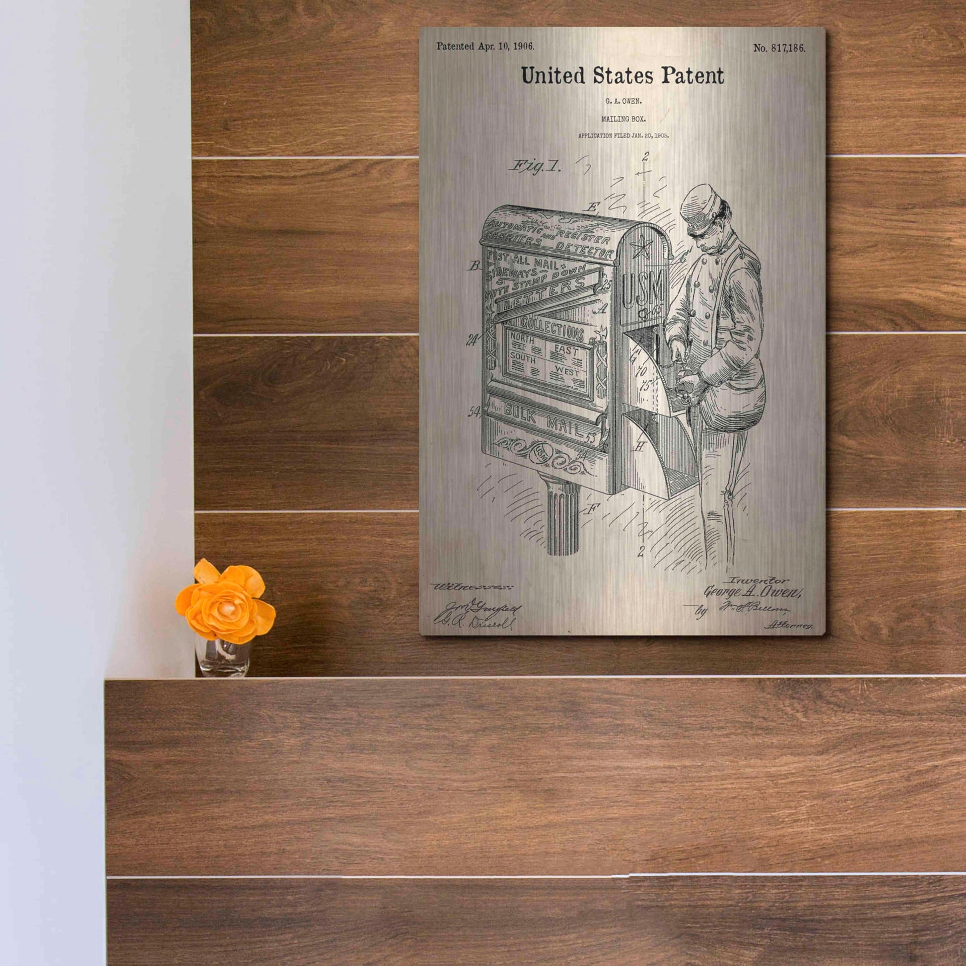 Luxe Metal Art 'Mailbox Blueprint Patent Parchment,' Metal Wall Art,12x16