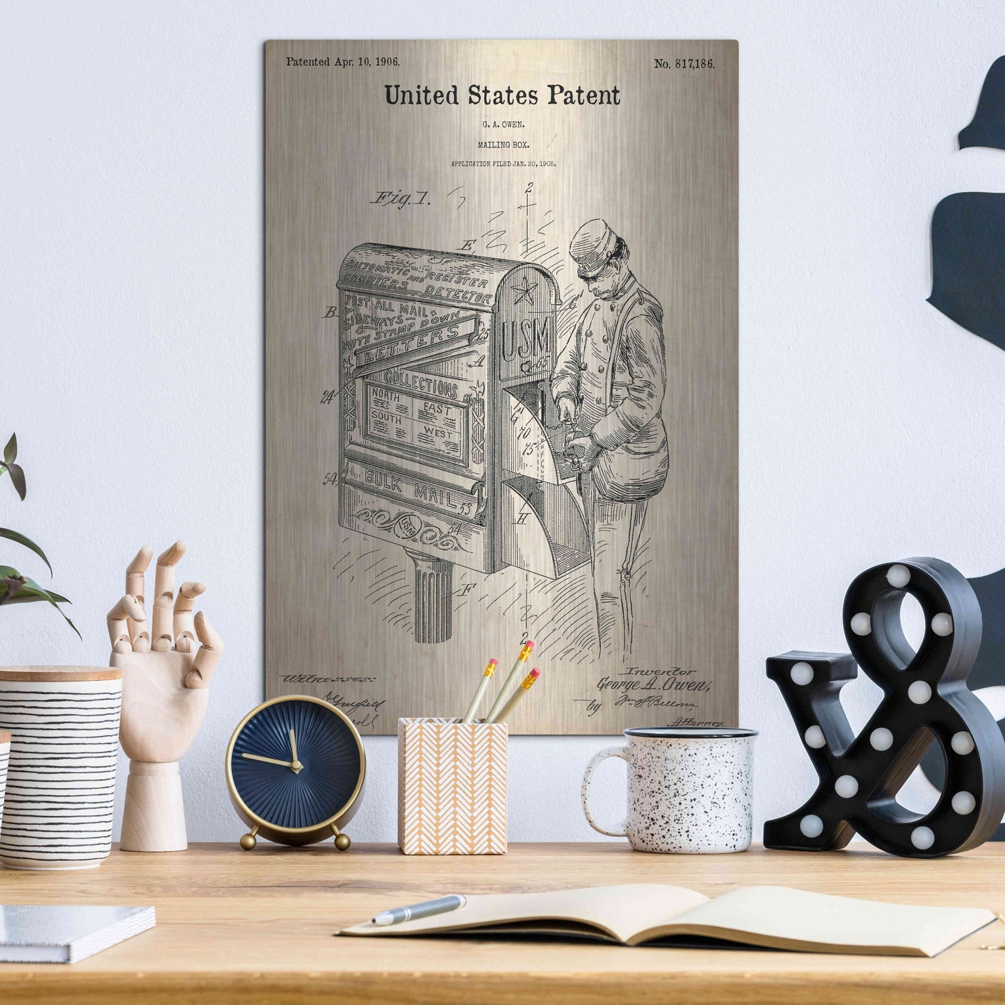 Luxe Metal Art 'Mailbox Blueprint Patent Parchment,' Metal Wall Art,12x16