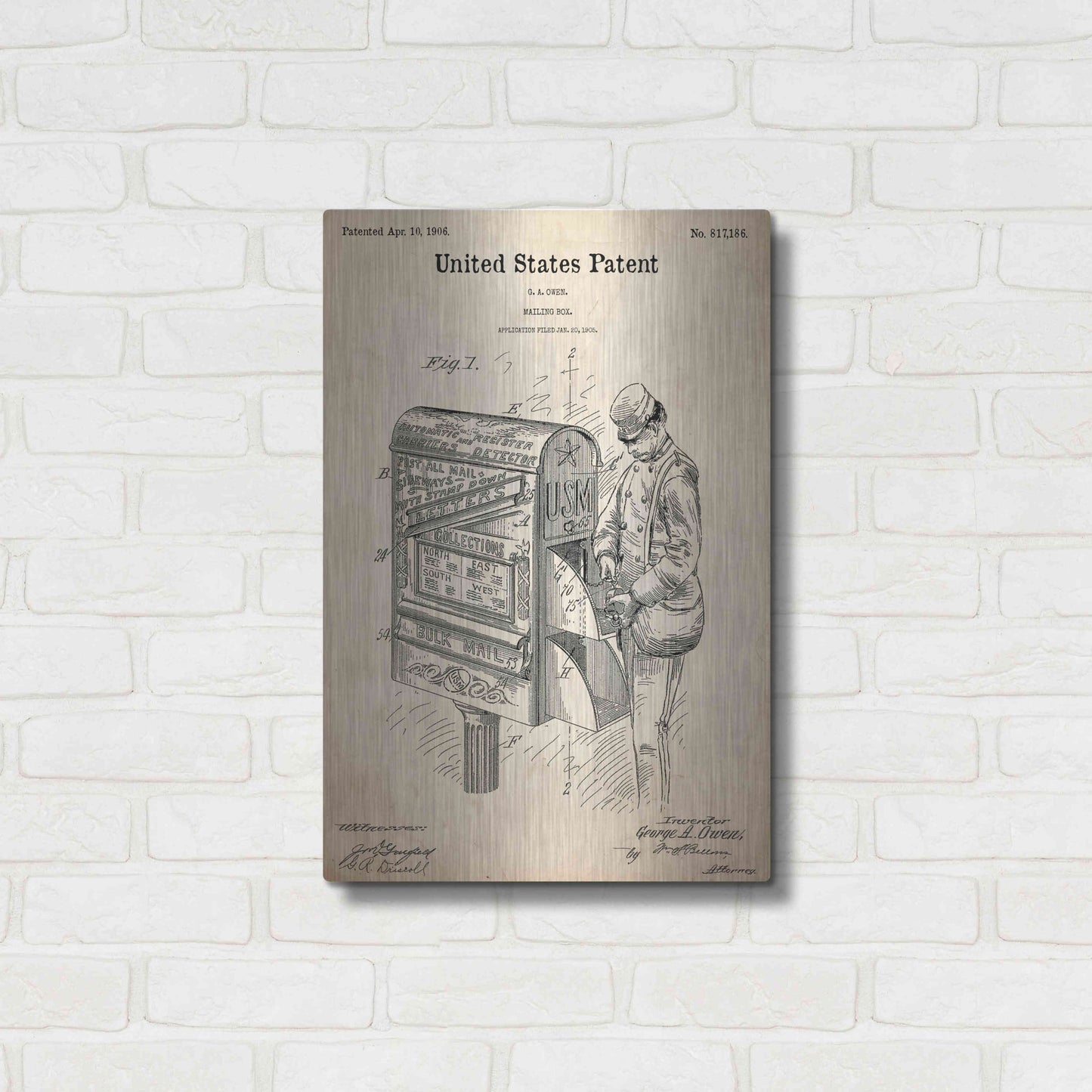 Luxe Metal Art 'Mailbox Blueprint Patent Parchment,' Metal Wall Art,16x24