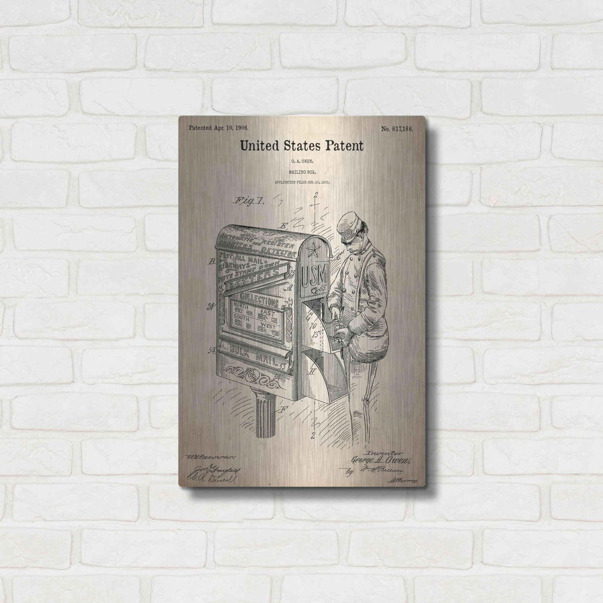 Luxe Metal Art 'Mailbox Blueprint Patent Parchment,' Metal Wall Art,16x24