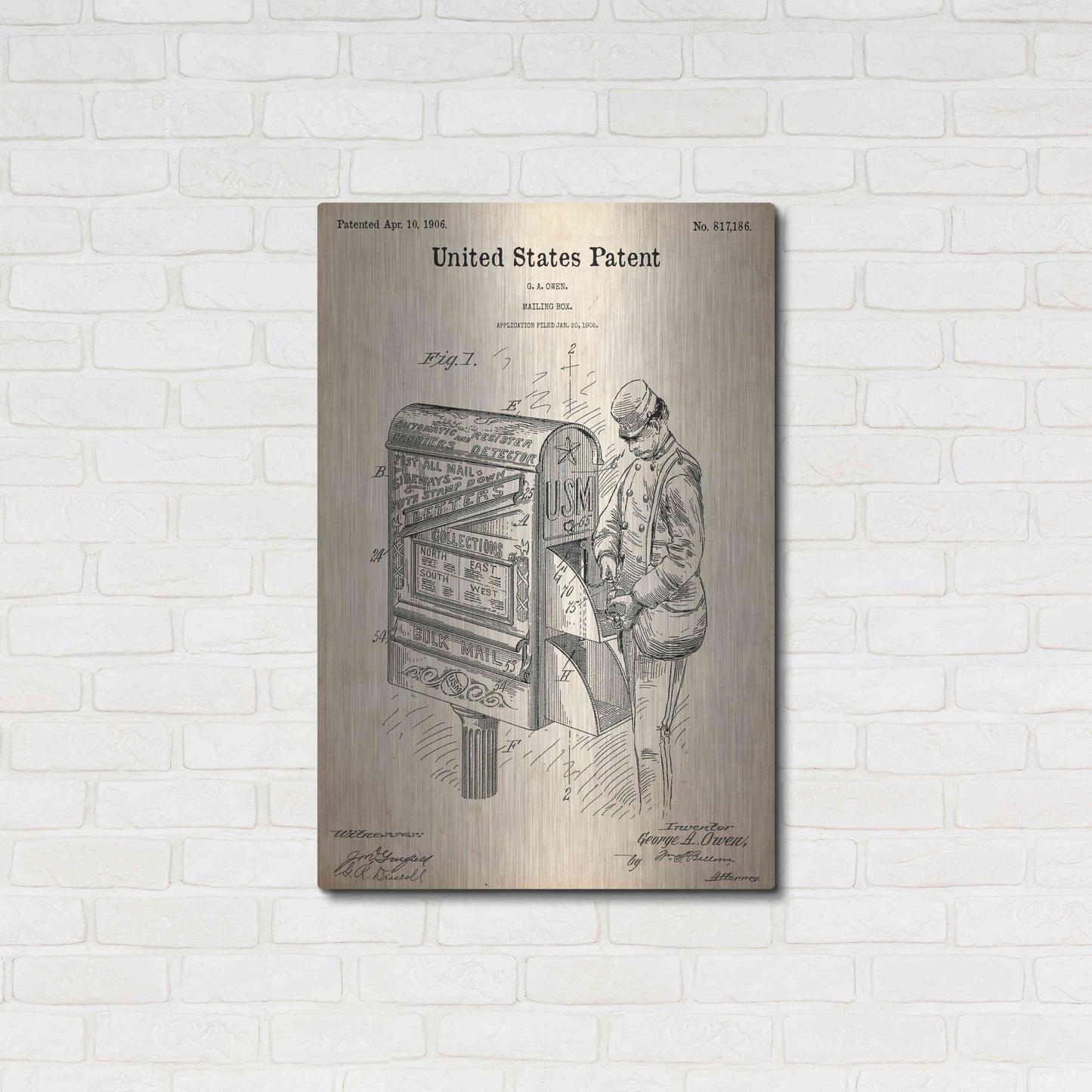 Luxe Metal Art 'Mailbox Blueprint Patent Parchment,' Metal Wall Art,24x36