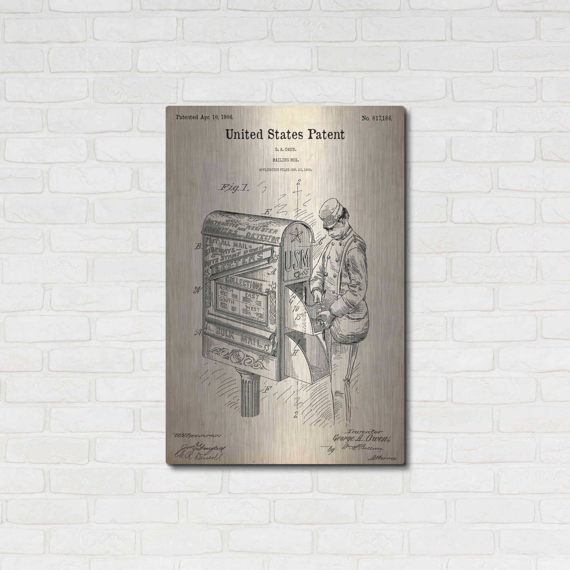Luxe Metal Art 'Mailbox Blueprint Patent Parchment,' Metal Wall Art,24x36