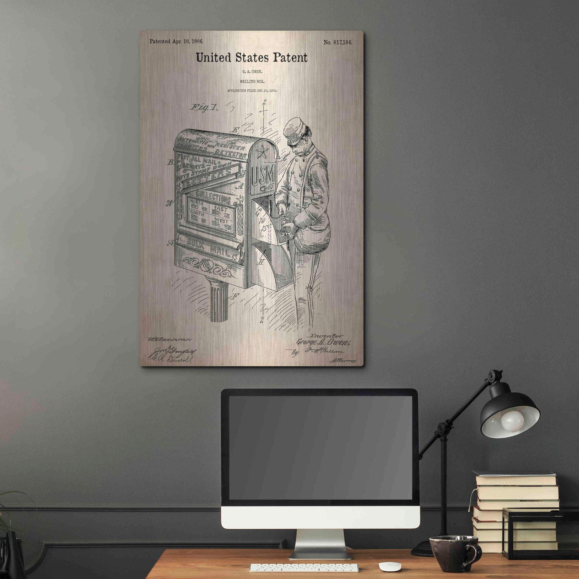 Luxe Metal Art 'Mailbox Blueprint Patent Parchment,' Metal Wall Art,24x36