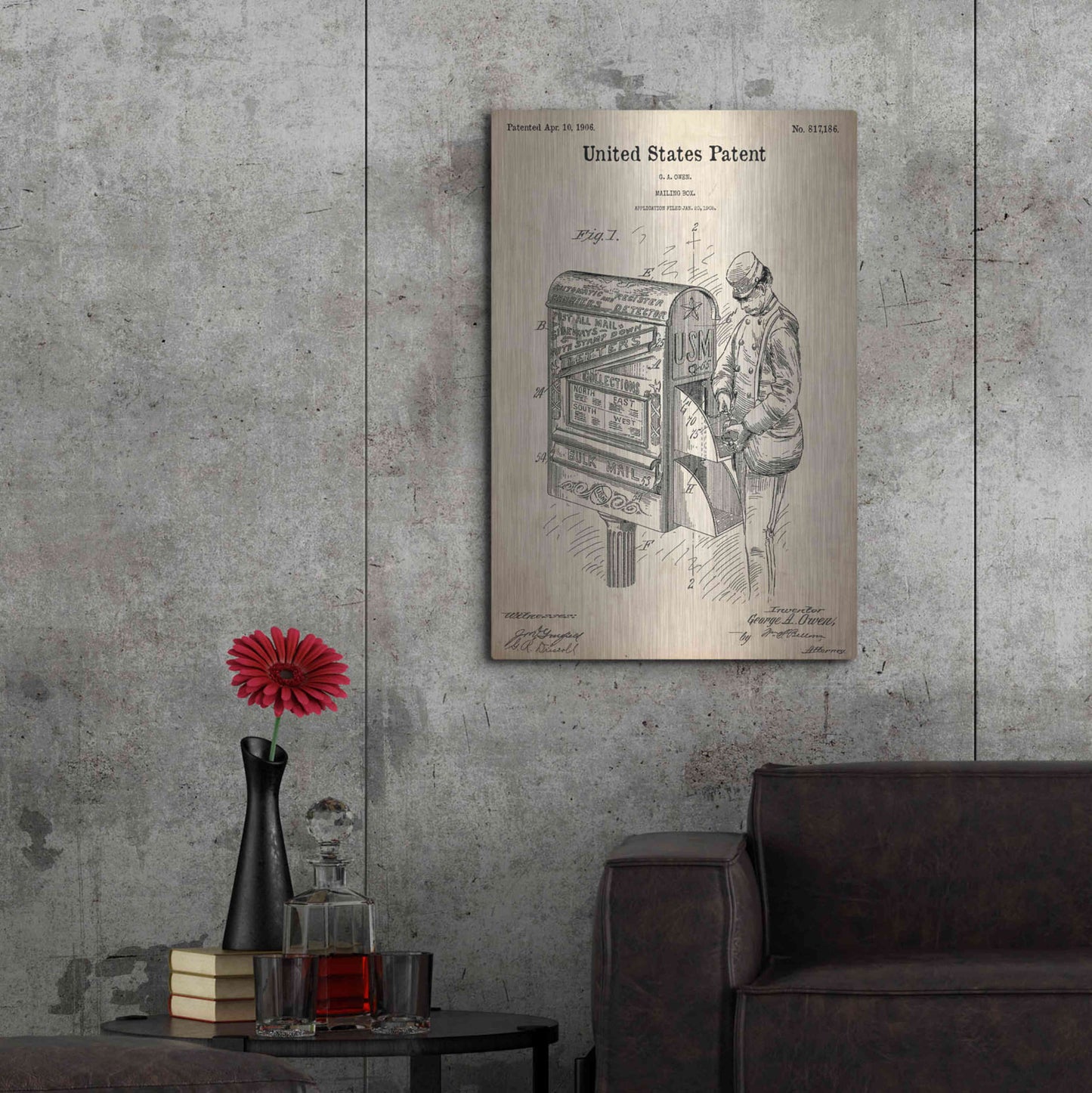Luxe Metal Art 'Mailbox Blueprint Patent Parchment,' Metal Wall Art,24x36