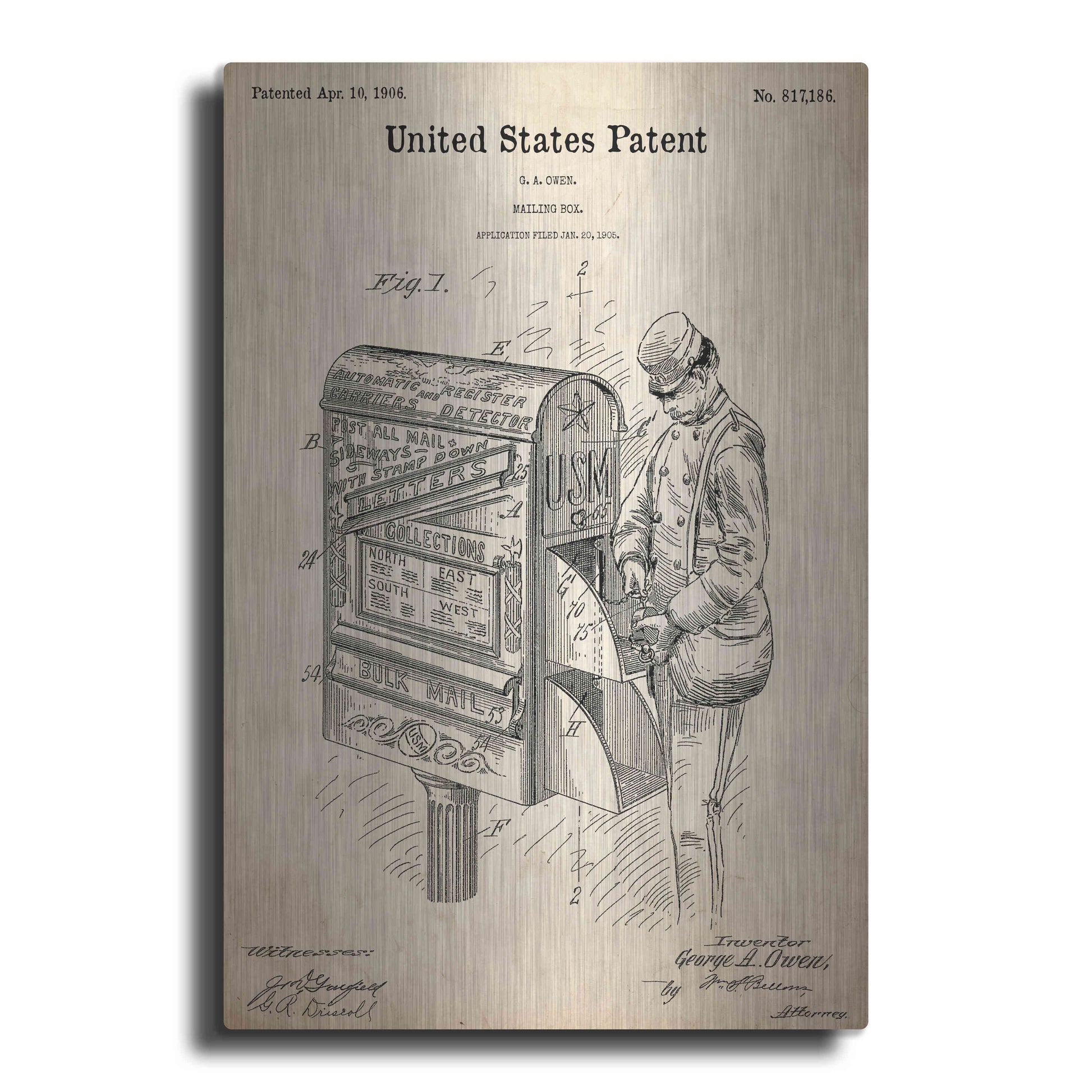 Luxe Metal Art 'Mailbox Blueprint Patent Parchment,' Metal Wall Art