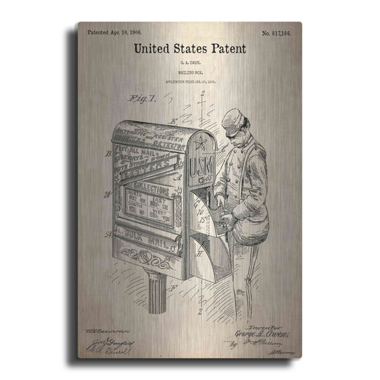 Luxe Metal Art 'Mailbox Blueprint Patent Parchment,' Metal Wall Art