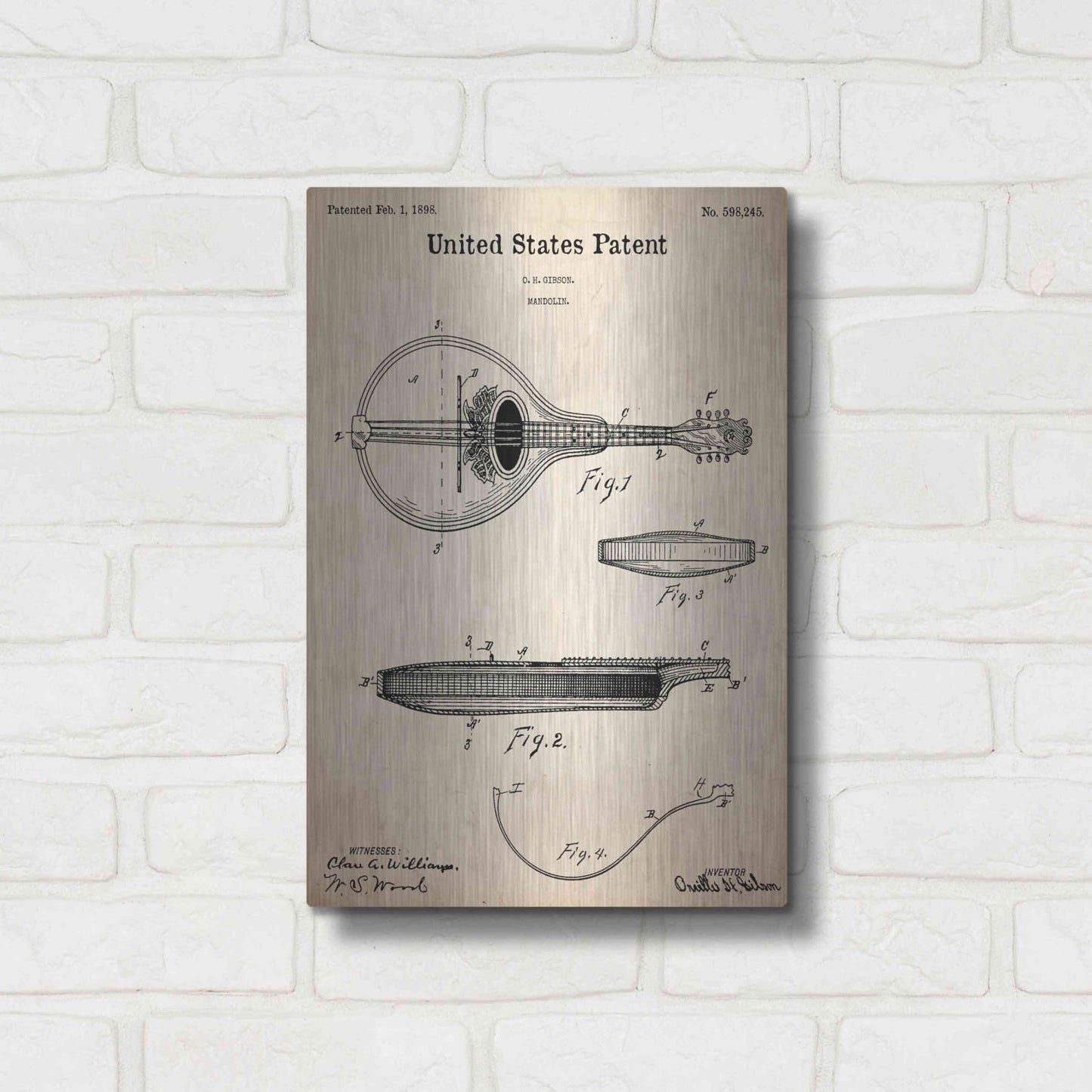 Luxe Metal Art 'Mandolin Blueprint Patent Parchment,' Metal Wall Art,12x16