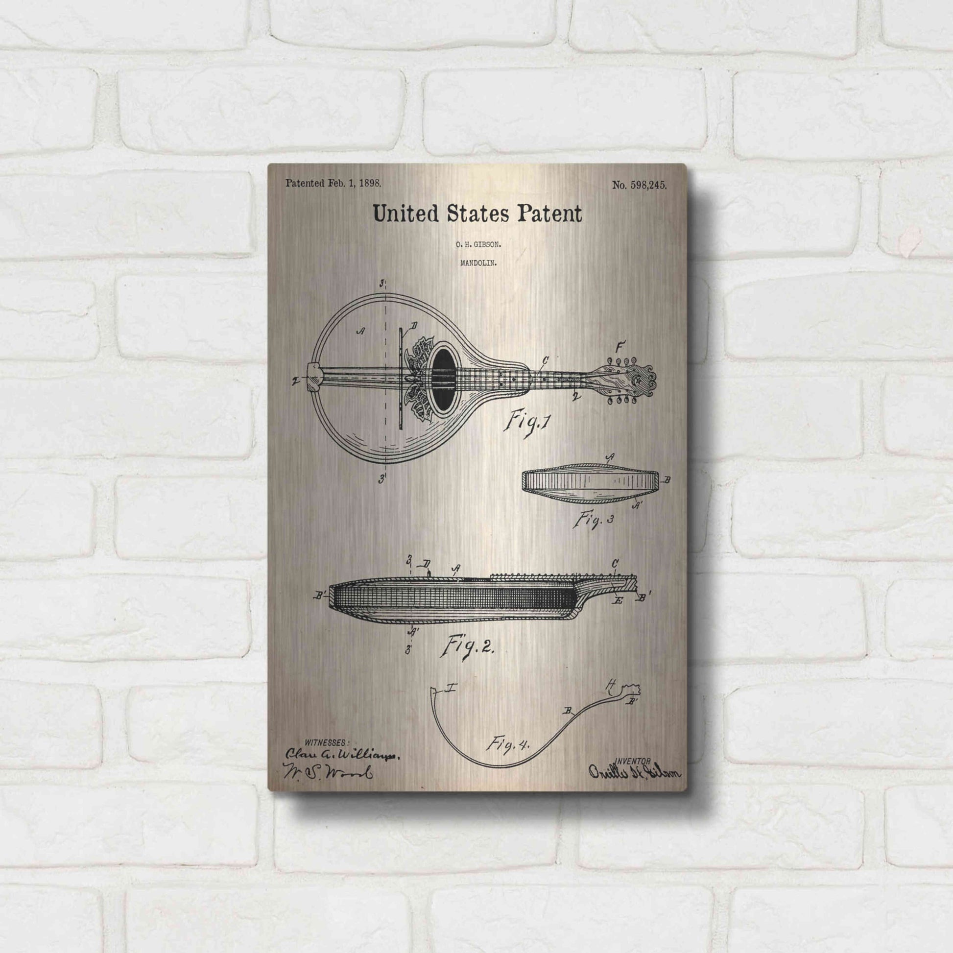 Luxe Metal Art 'Mandolin Blueprint Patent Parchment,' Metal Wall Art,12x16