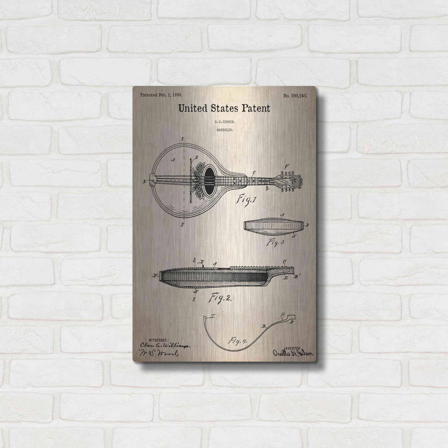 Luxe Metal Art 'Mandolin Blueprint Patent Parchment,' Metal Wall Art,16x24