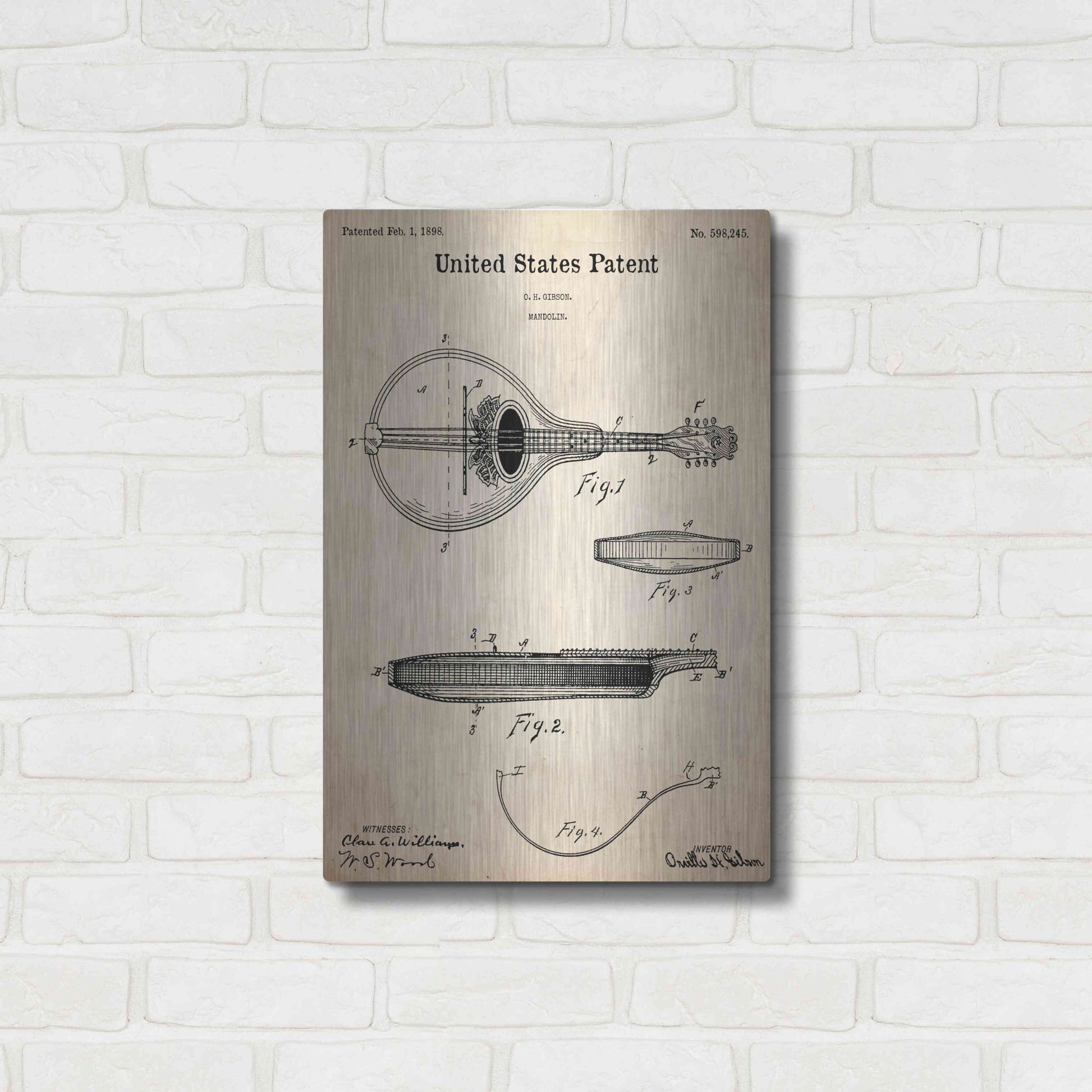 Luxe Metal Art 'Mandolin Blueprint Patent Parchment,' Metal Wall Art,16x24