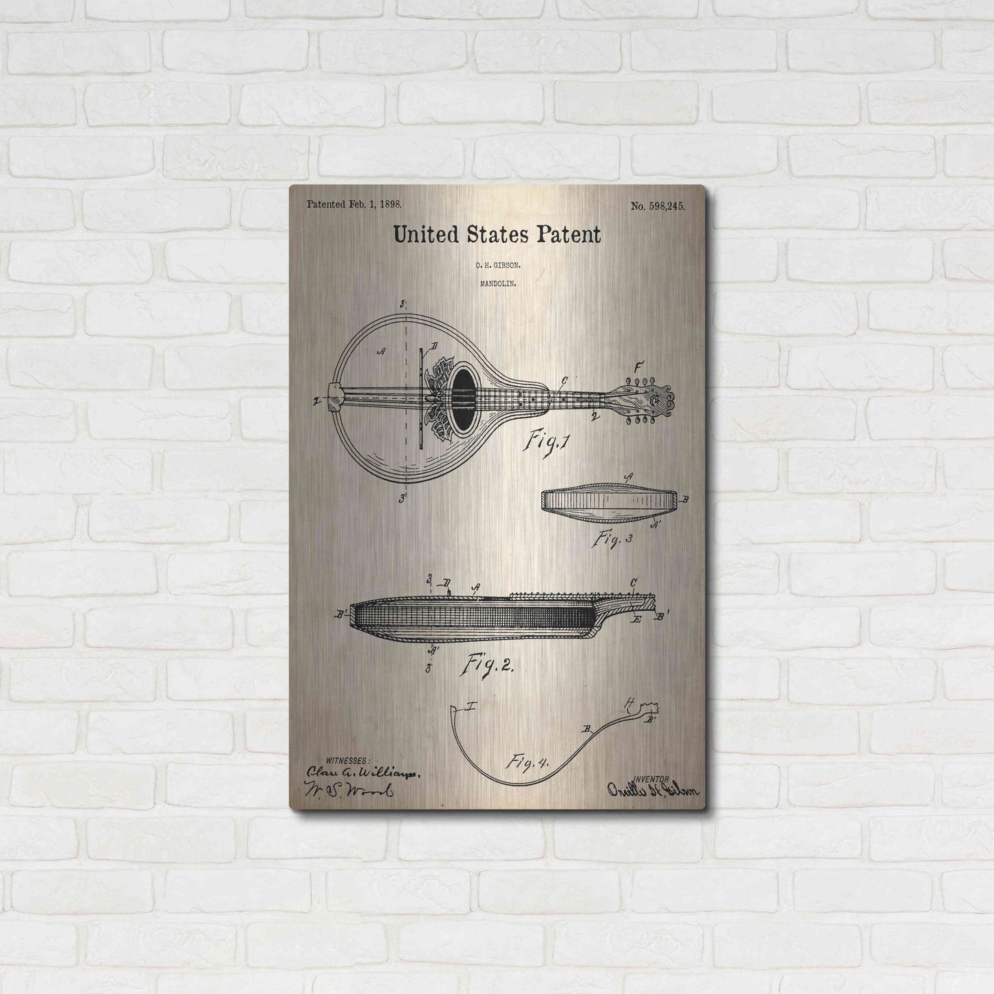 Luxe Metal Art 'Mandolin Blueprint Patent Parchment,' Metal Wall Art,24x36
