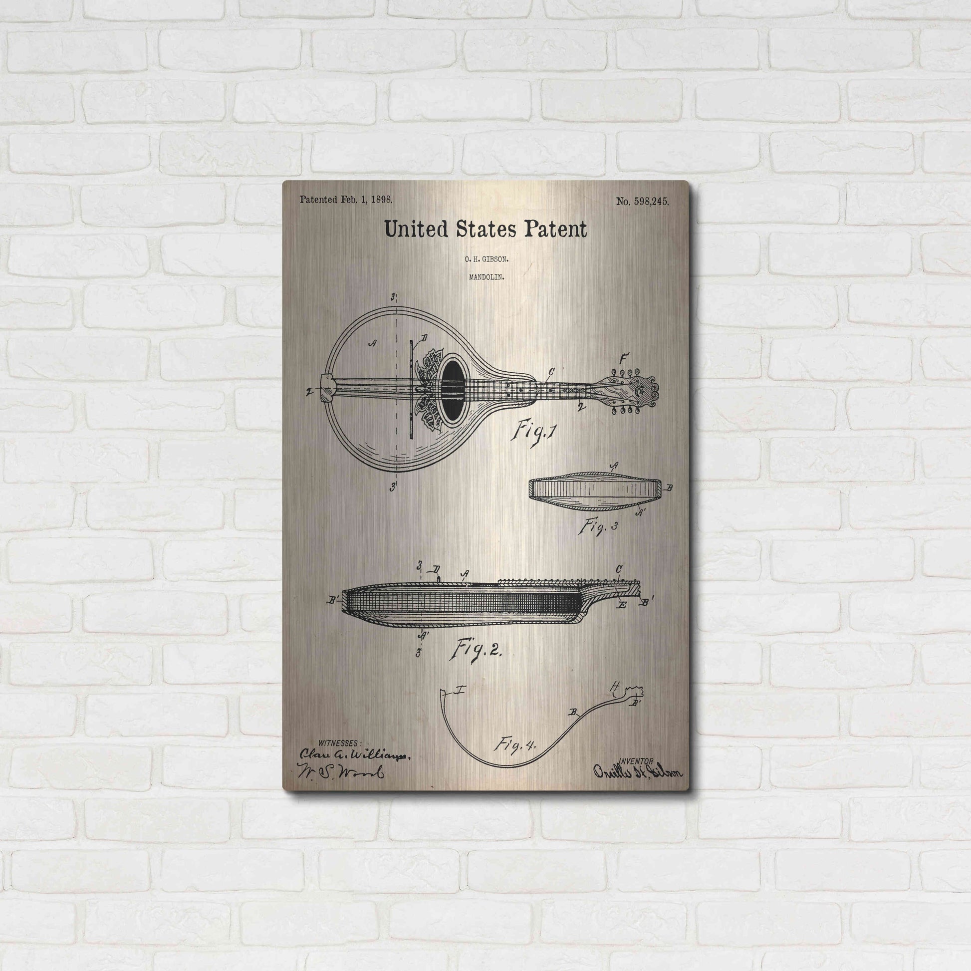 Luxe Metal Art 'Mandolin Blueprint Patent Parchment,' Metal Wall Art,24x36