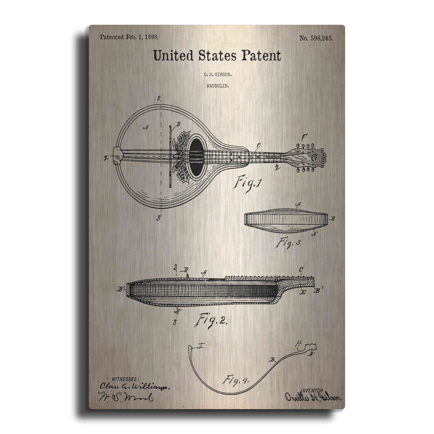 Luxe Metal Art 'Mandolin Blueprint Patent Parchment,' Metal Wall Art