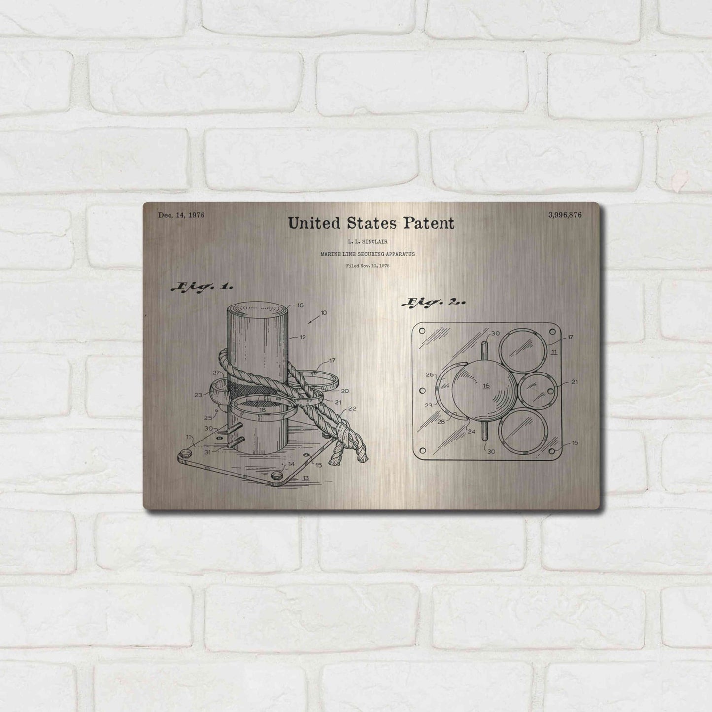 Luxe Metal Art 'Marine Line Secure Device Blueprint Patent Parchment,' Metal Wall Art,16x12