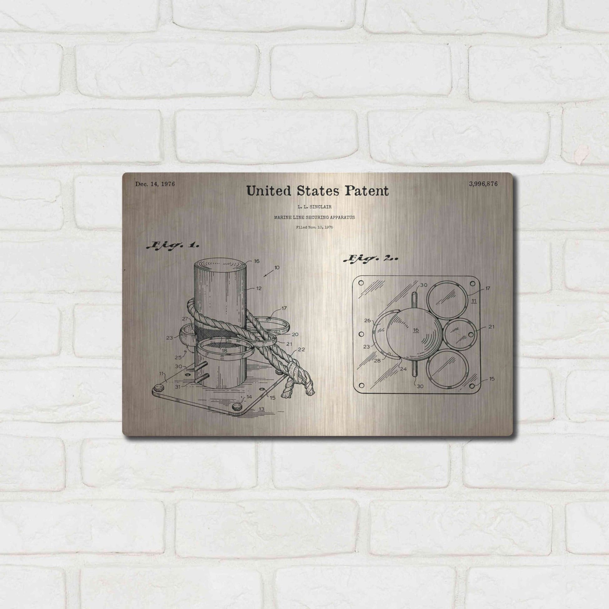 Luxe Metal Art 'Marine Line Secure Device Blueprint Patent Parchment,' Metal Wall Art,16x12