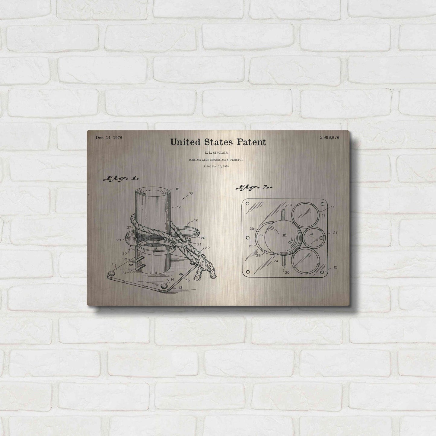 Luxe Metal Art 'Marine Line Secure Device Blueprint Patent Parchment,' Metal Wall Art,24x16