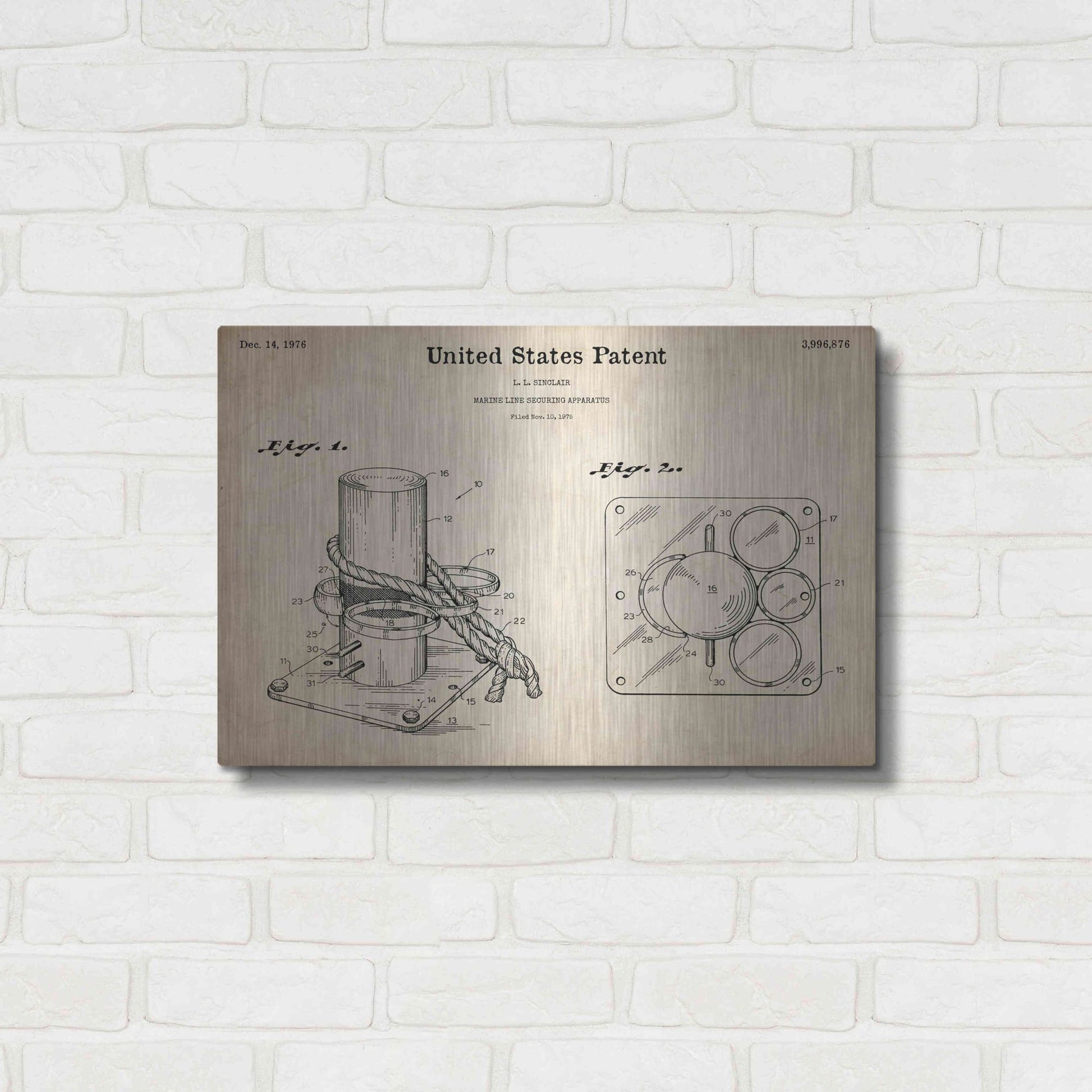 Luxe Metal Art 'Marine Line Secure Device Blueprint Patent Parchment,' Metal Wall Art,24x16