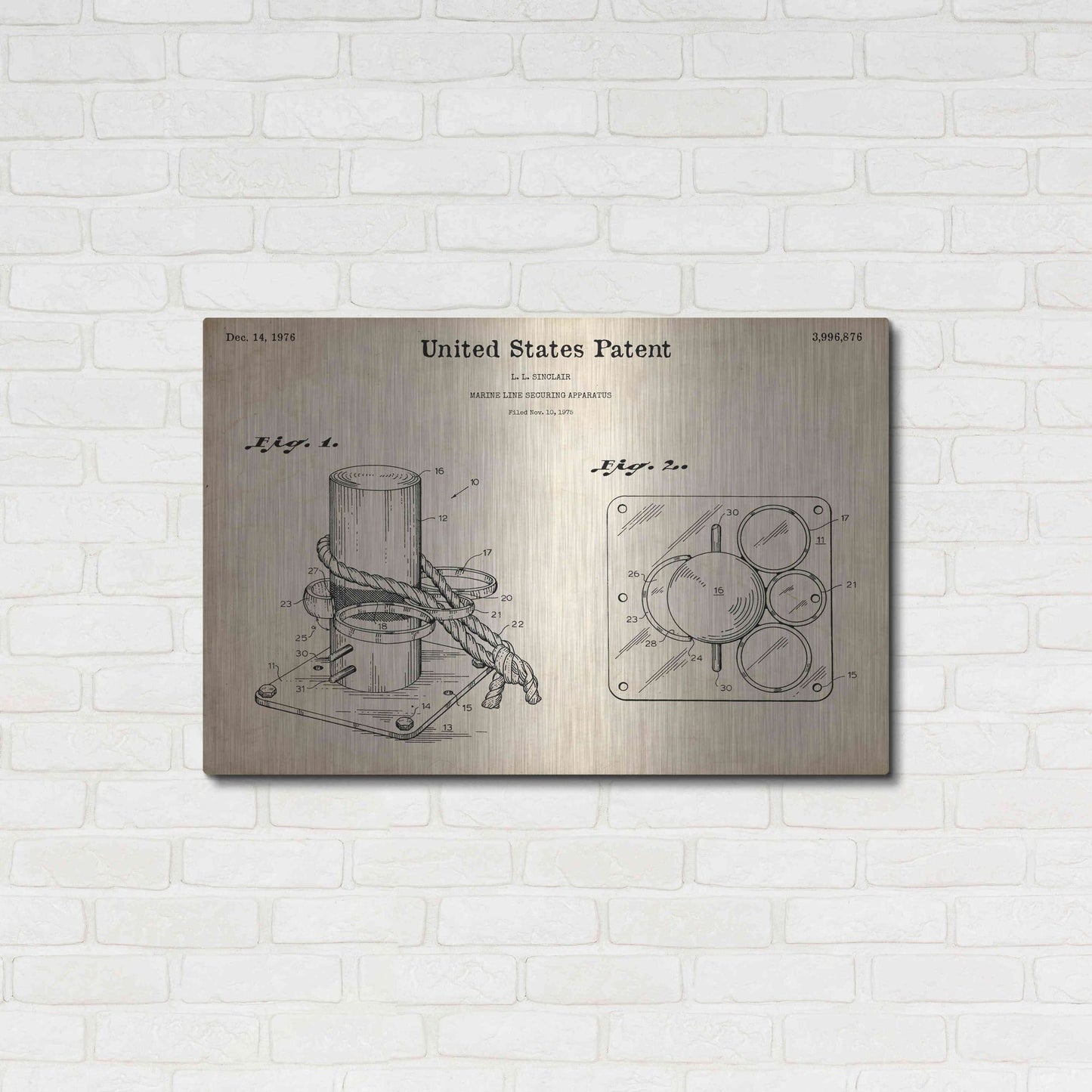 Luxe Metal Art 'Marine Line Secure Device Blueprint Patent Parchment,' Metal Wall Art,36x24