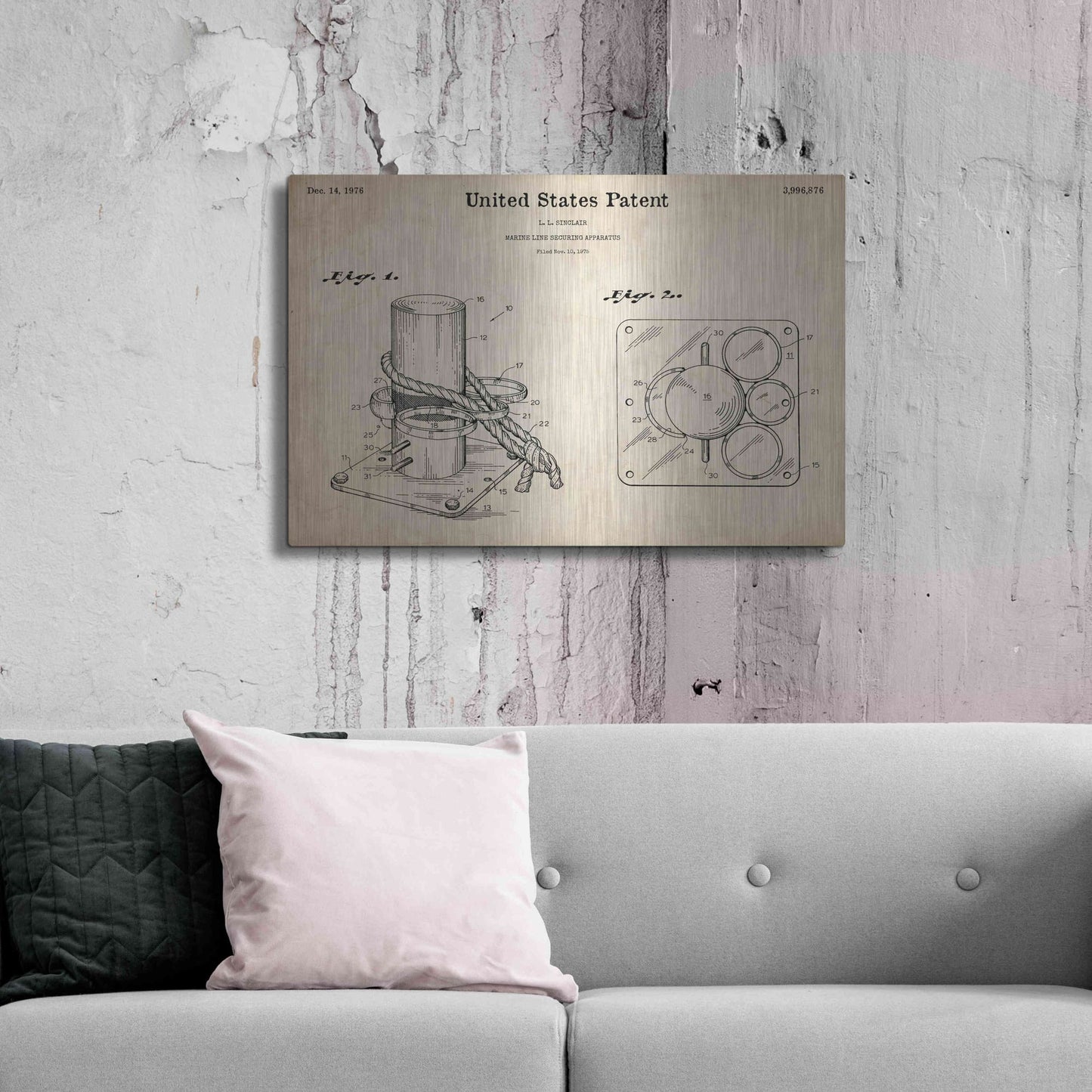 Luxe Metal Art 'Marine Line Secure Device Blueprint Patent Parchment,' Metal Wall Art,36x24